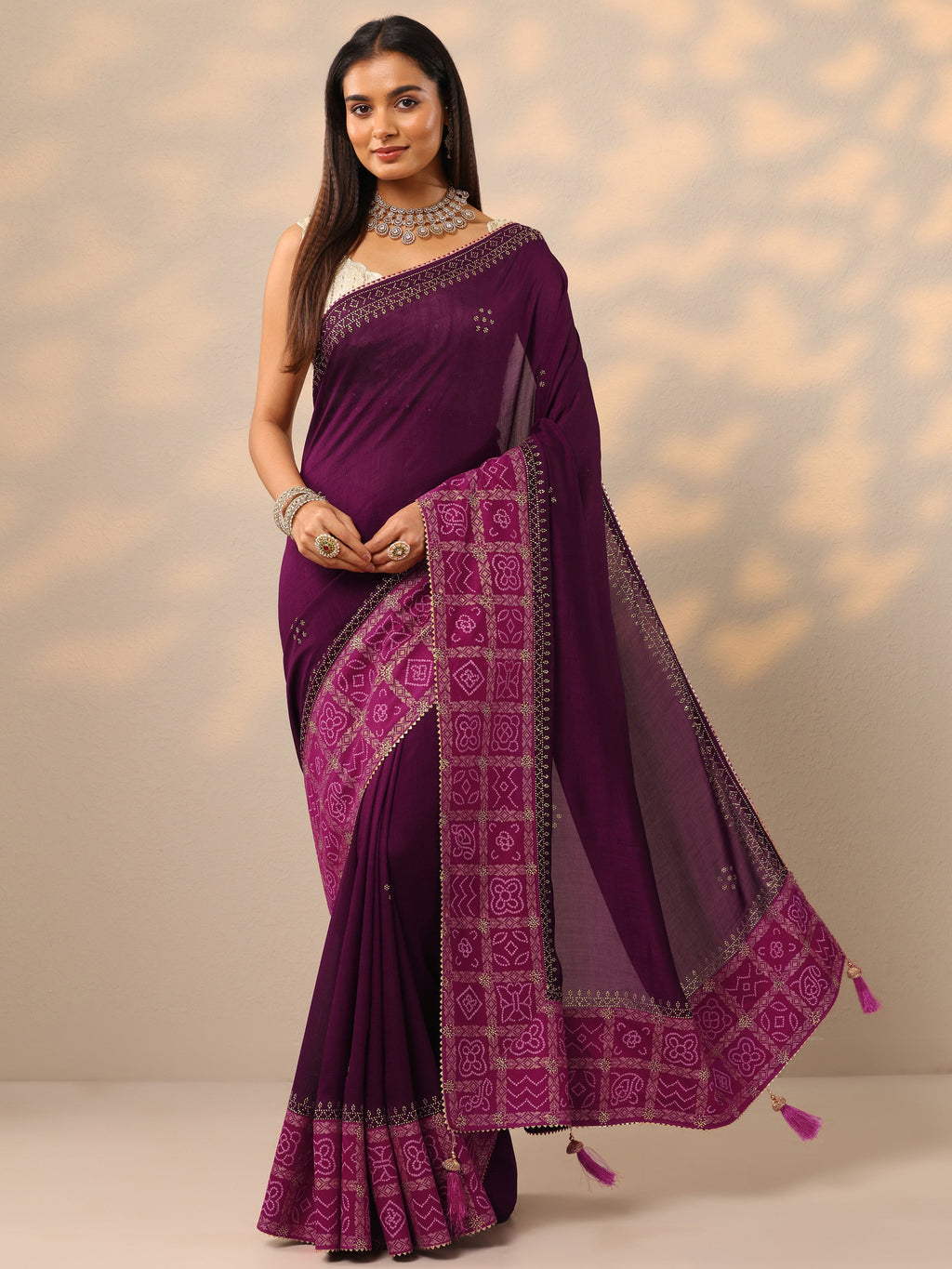 Burgundy Embroidered Chinon Saree With Unstitched Blouse Piece