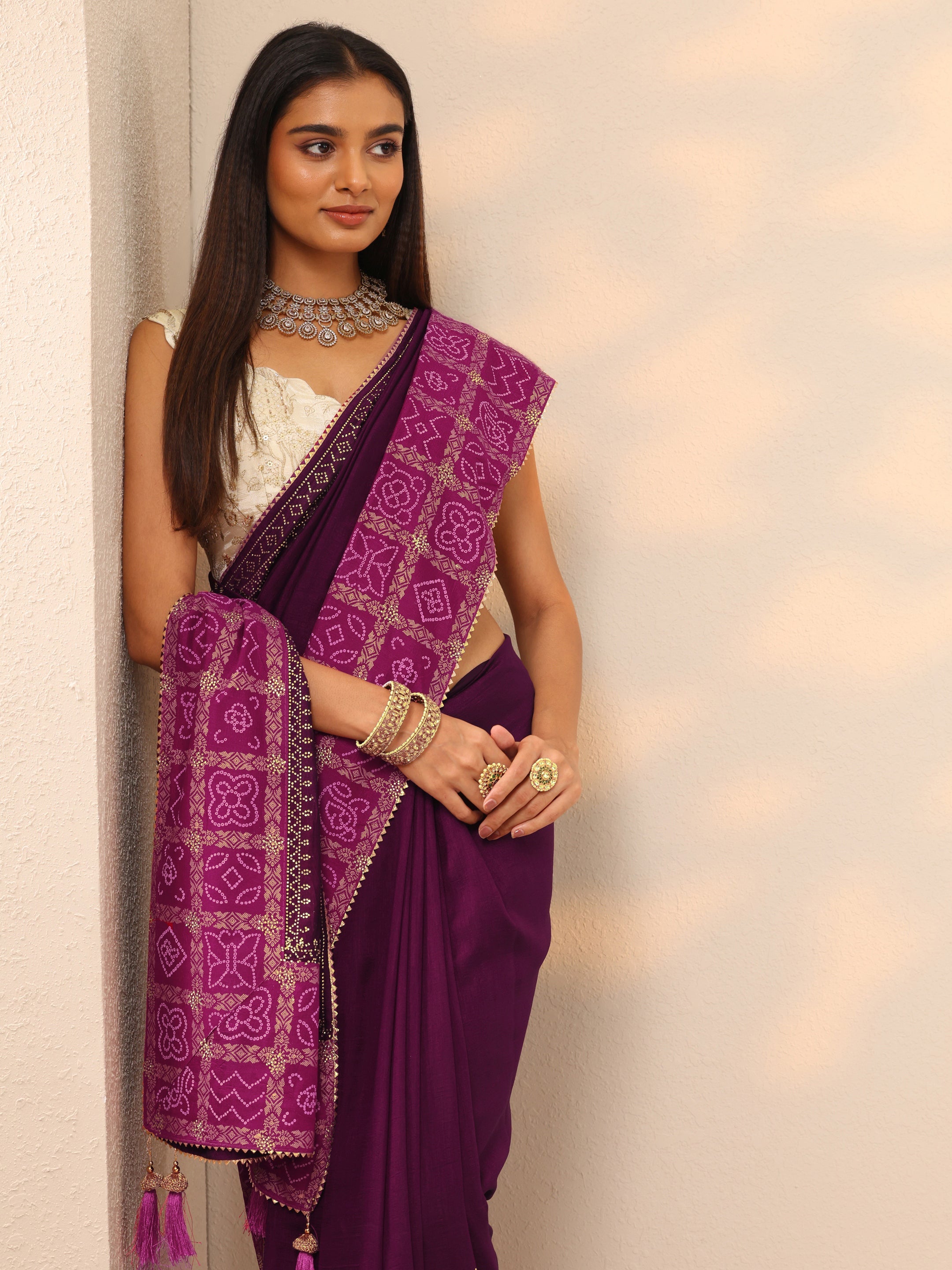 Burgundy Embroidered Chinon Saree With Unstitched Blouse Piece