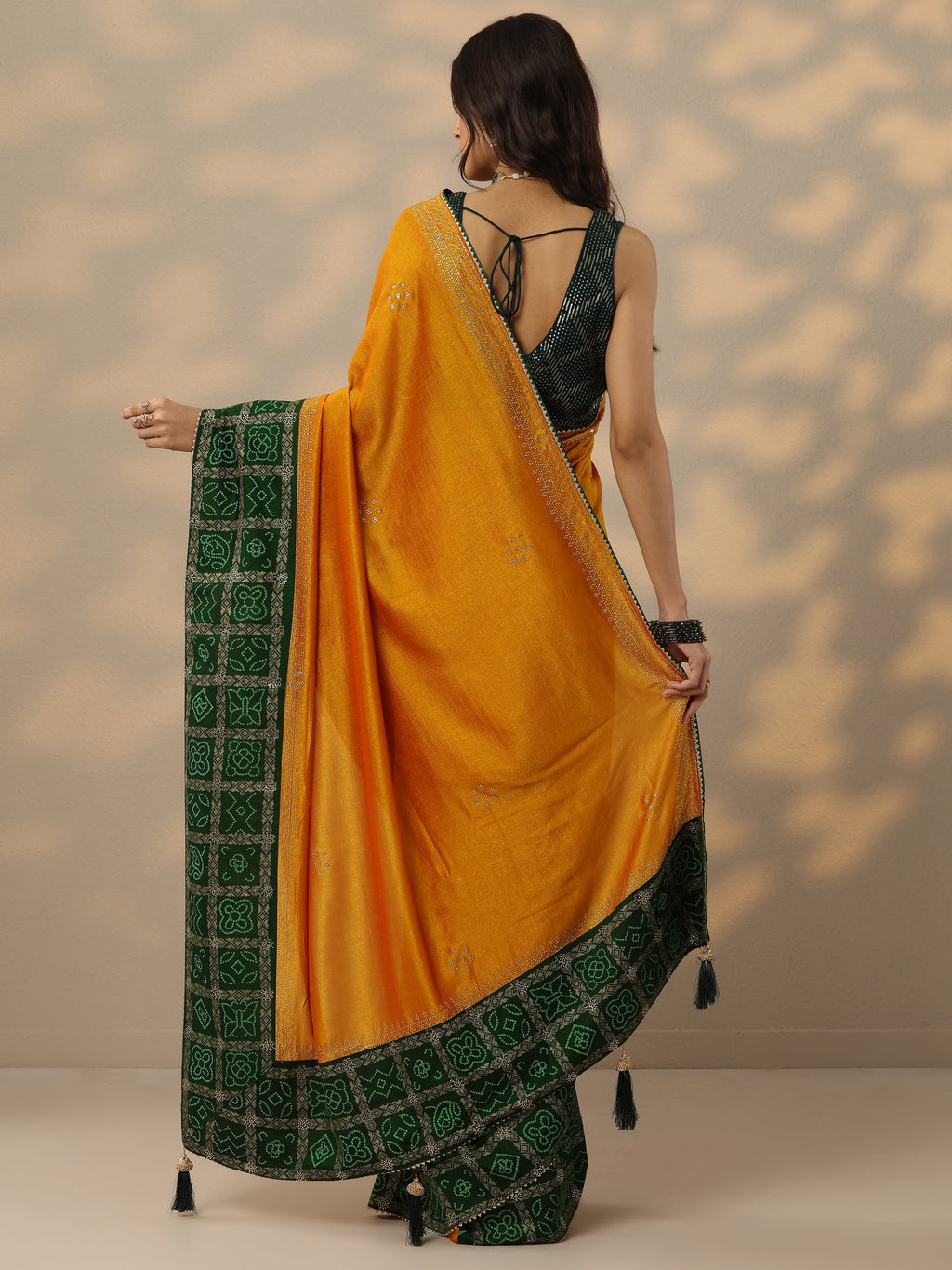Mustard Printed Chinon Saree With Unstitched Blouse Piece