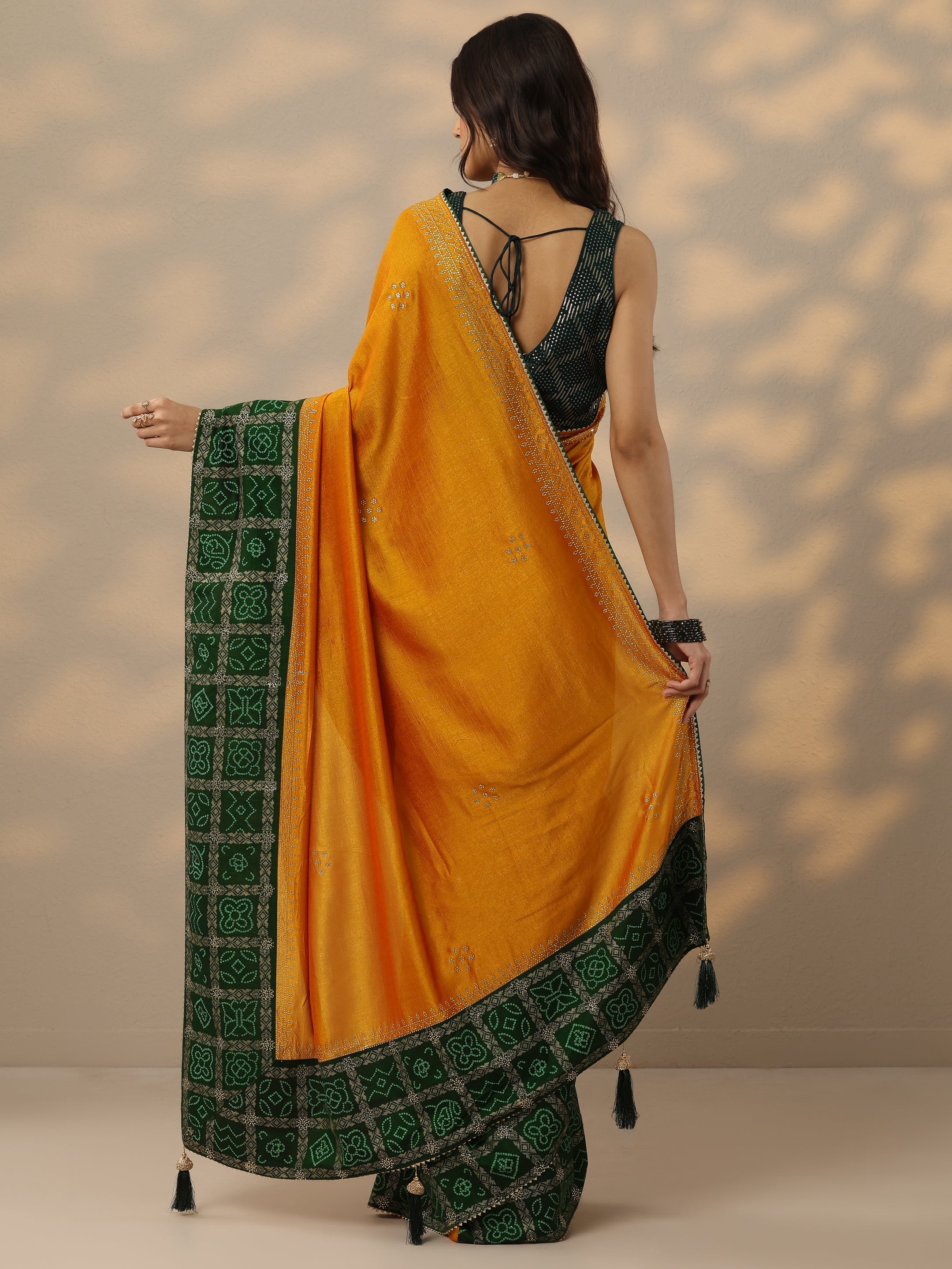 Mustard Printed Chinon Saree With Unstitched Blouse Piece