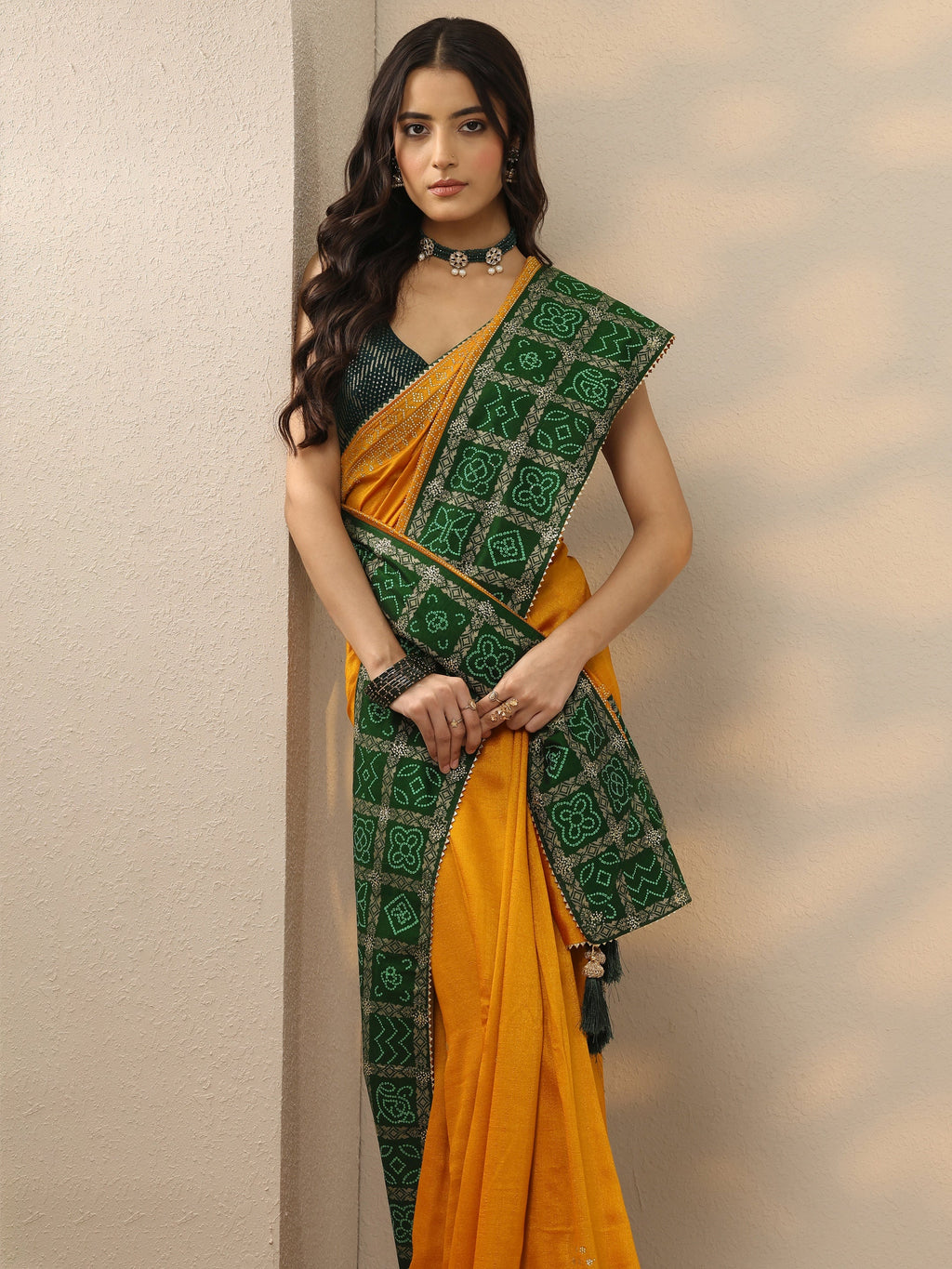 Mustard Printed Chinon Saree With Unstitched Blouse Piece