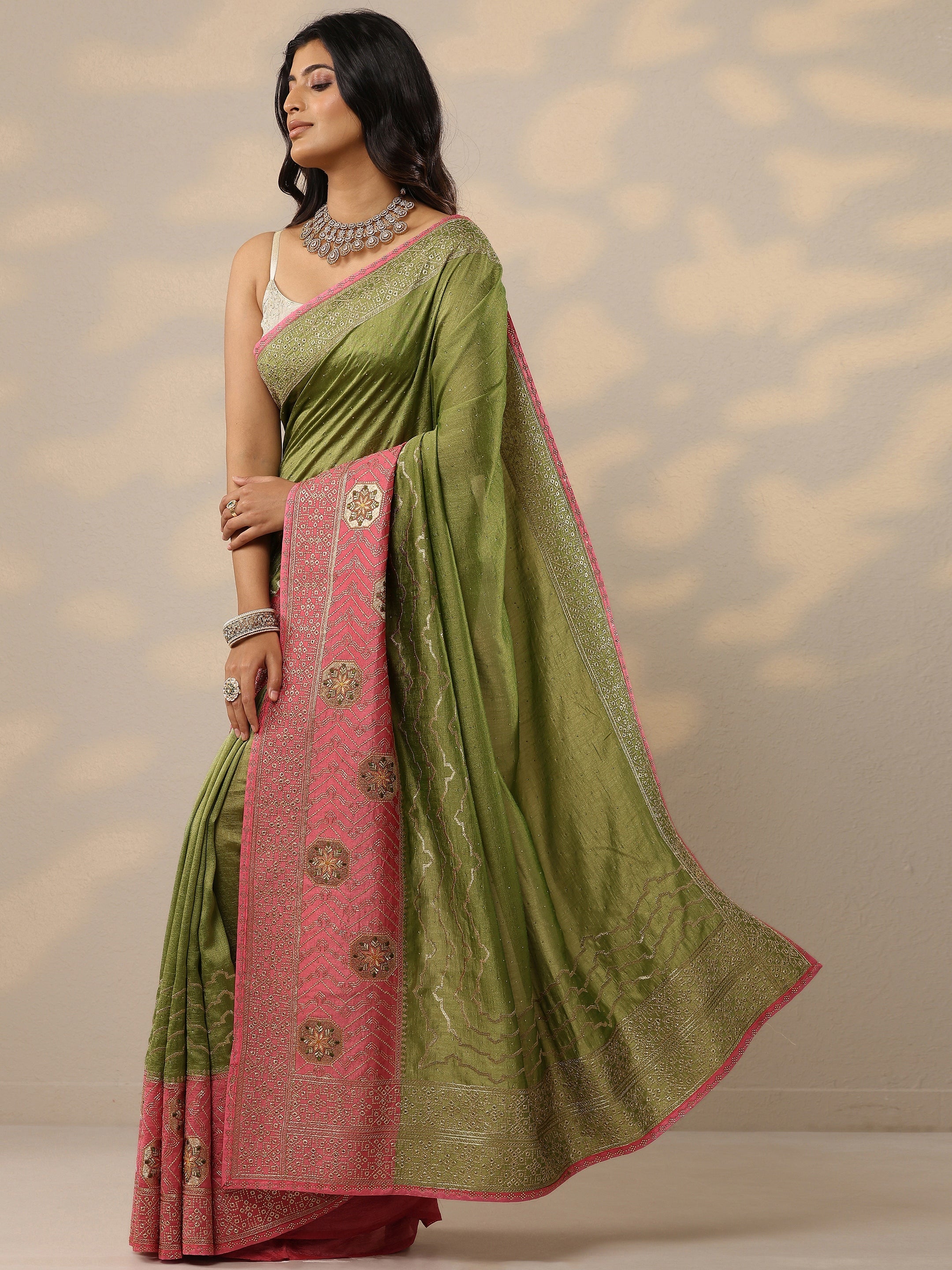 Green Embellished Silk Blend Sarees With Unstitched Blouse Piece
