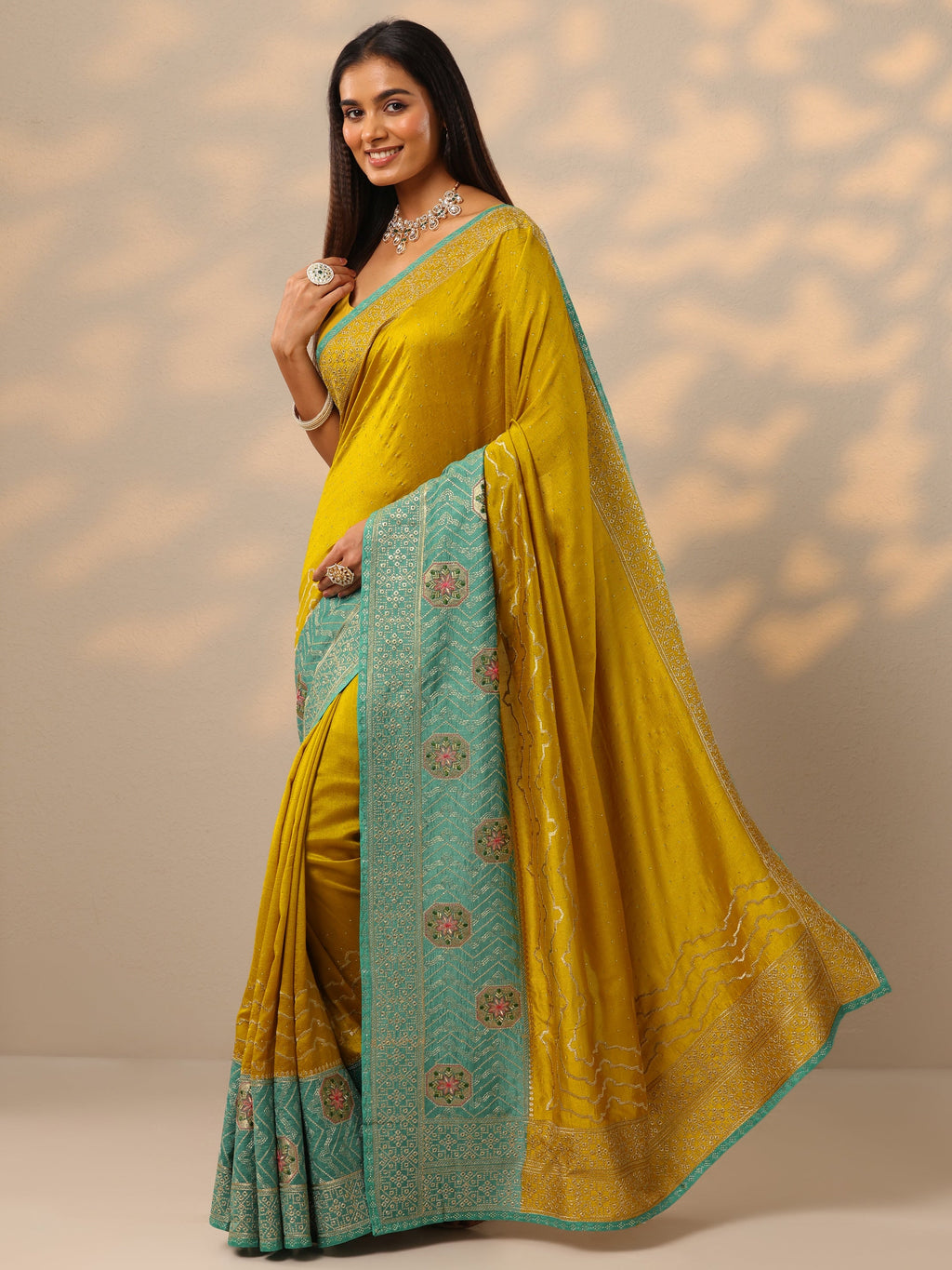 Mustard Embellished Silk blend Saree With Unstitched Blouse Piece