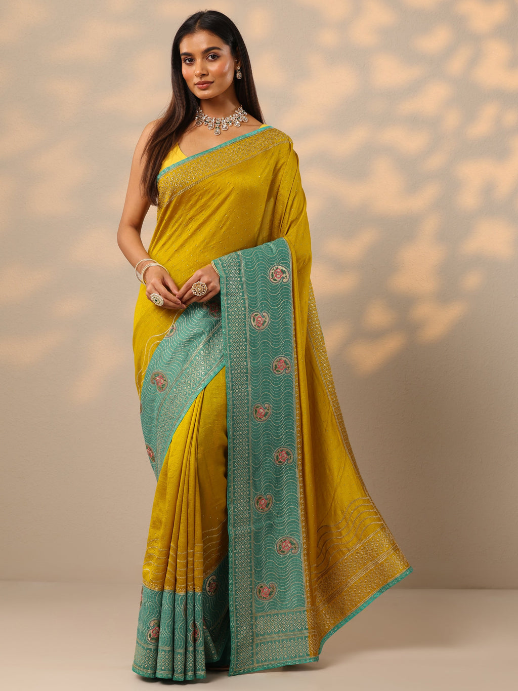 Mustard Embellished Silk Blend Saree With Unstitched Blouse Piece