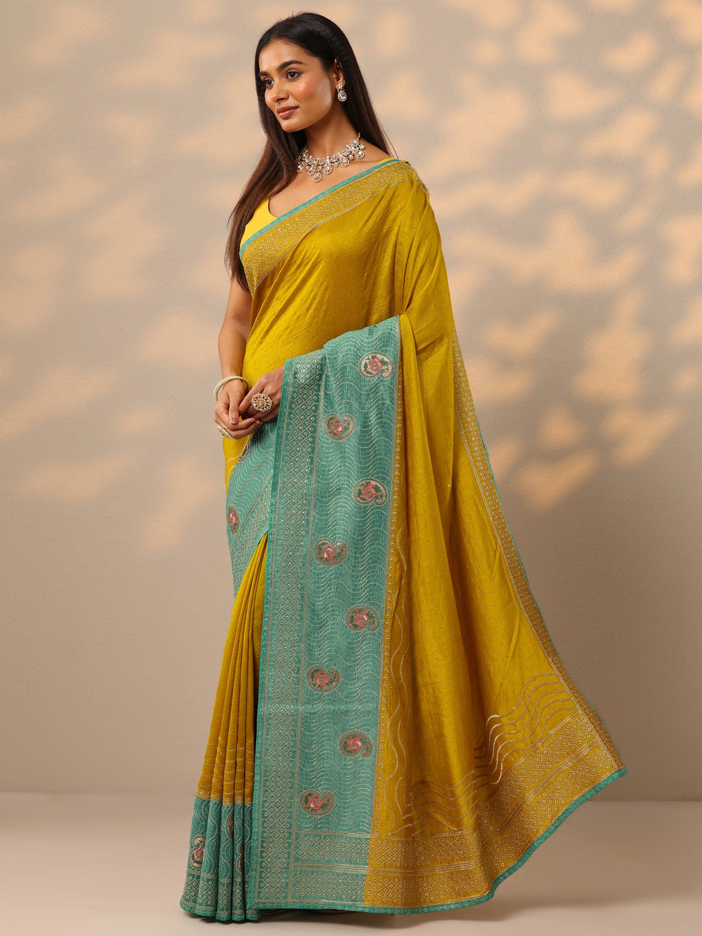 Mustard Embellished Silk Blend Saree With Unstitched Blouse Piece