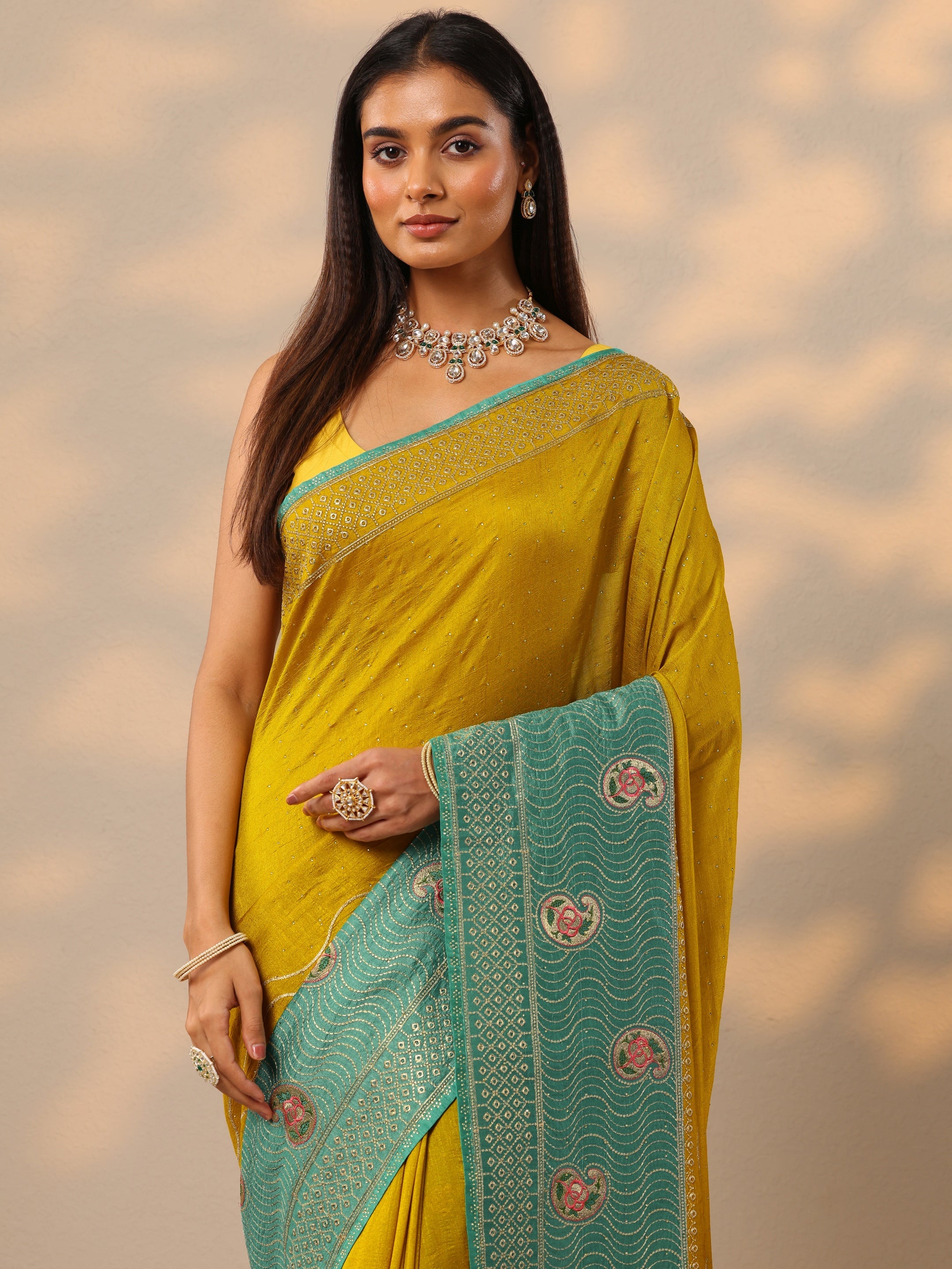 Mustard Embellished Silk Blend Saree With Unstitched Blouse Piece