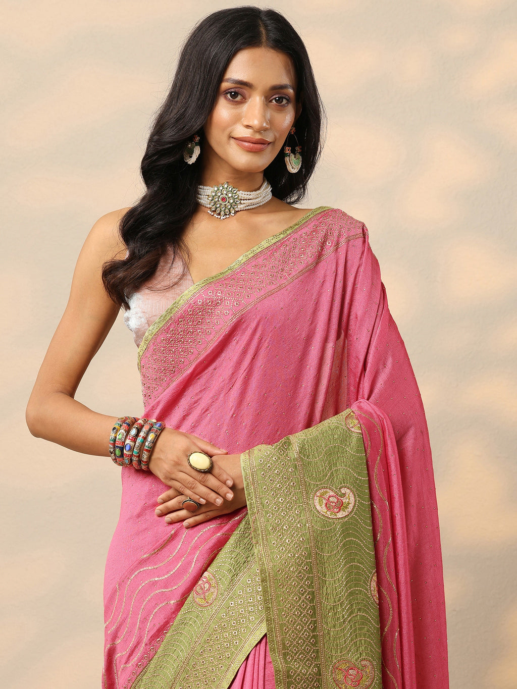 Pink Embellished Silk Blend Saree With Unstitched Blouse Piece