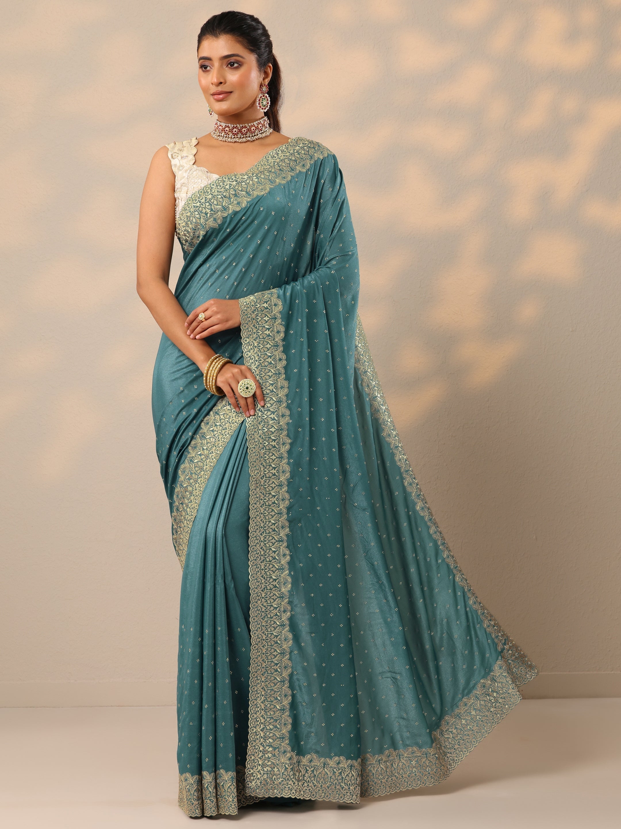 Blue Embellished Crepe Sarees With Unstitched Blouse Piece