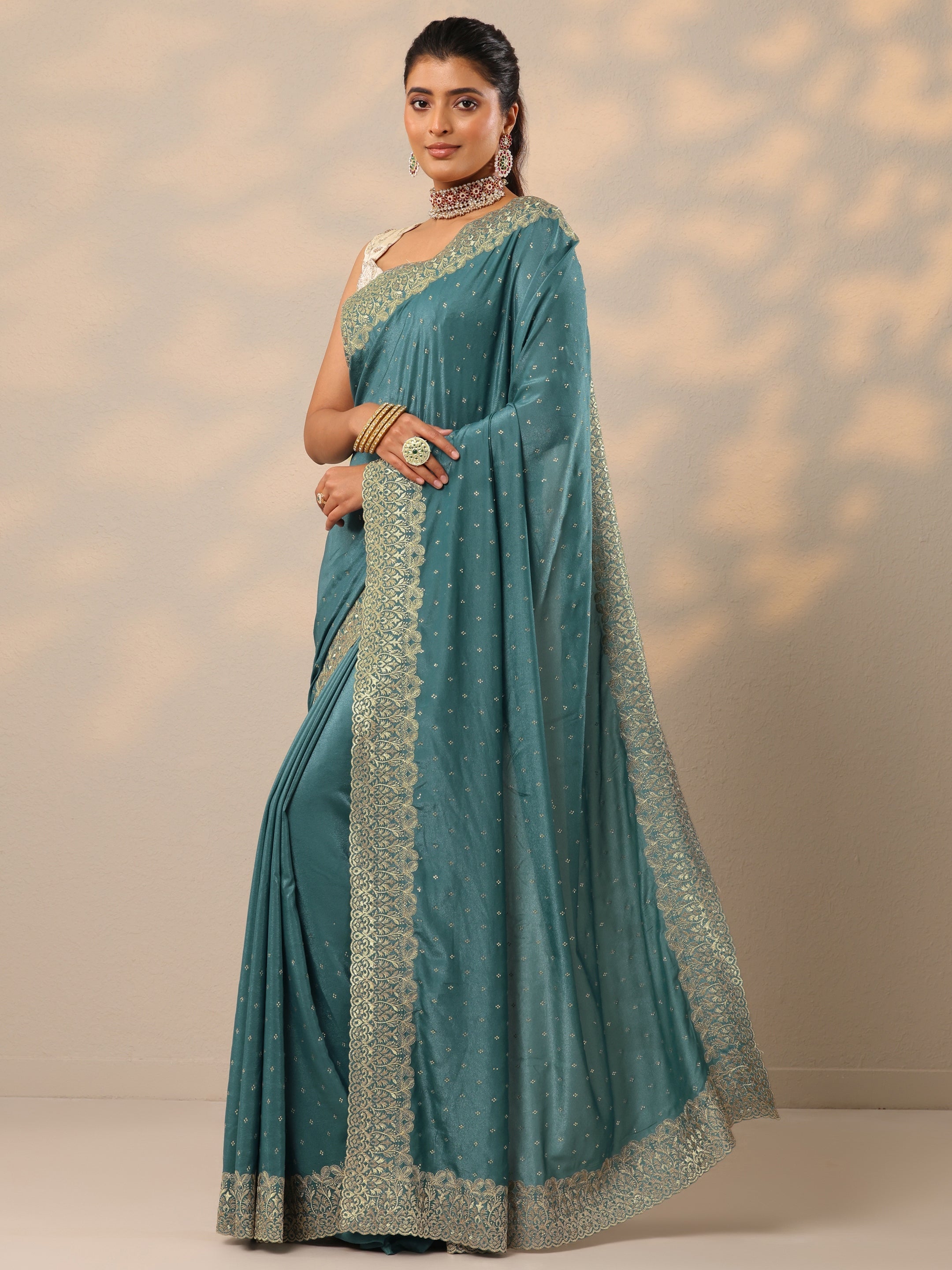 Blue Embellished Crepe Sarees With Unstitched Blouse Piece