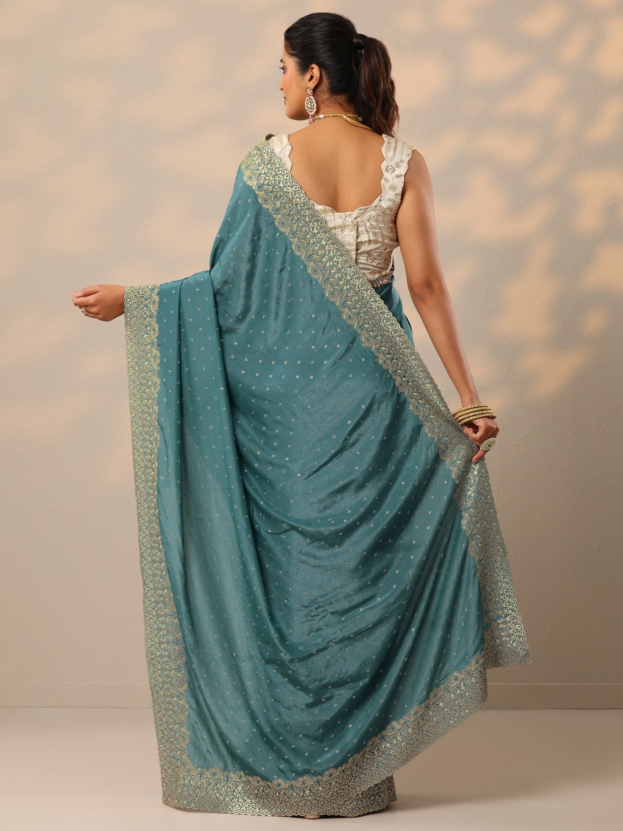 Blue Embellished Crepe Sarees With Unstitched Blouse Piece