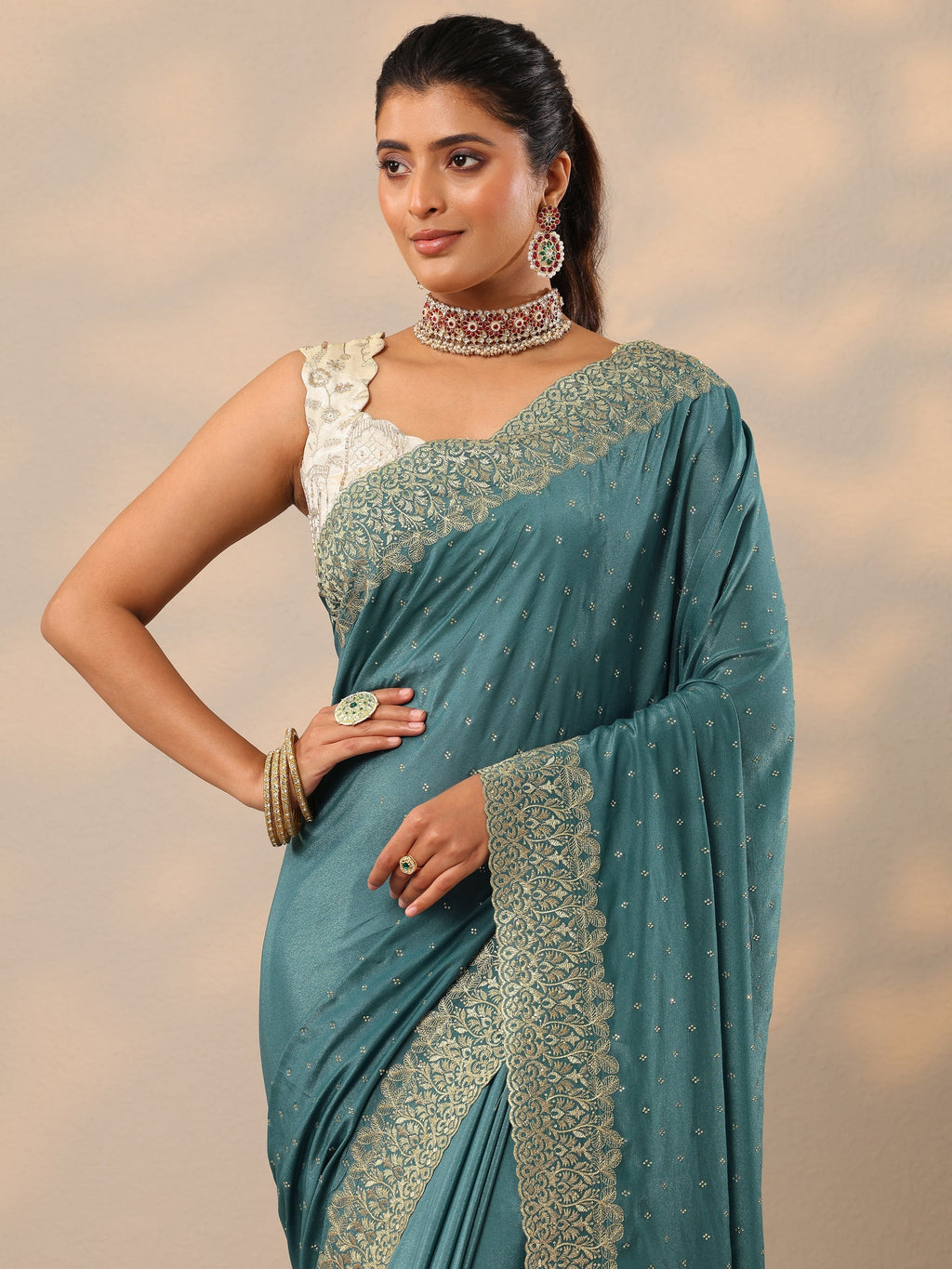 Blue Embellished Crepe Sarees With Unstitched Blouse Piece