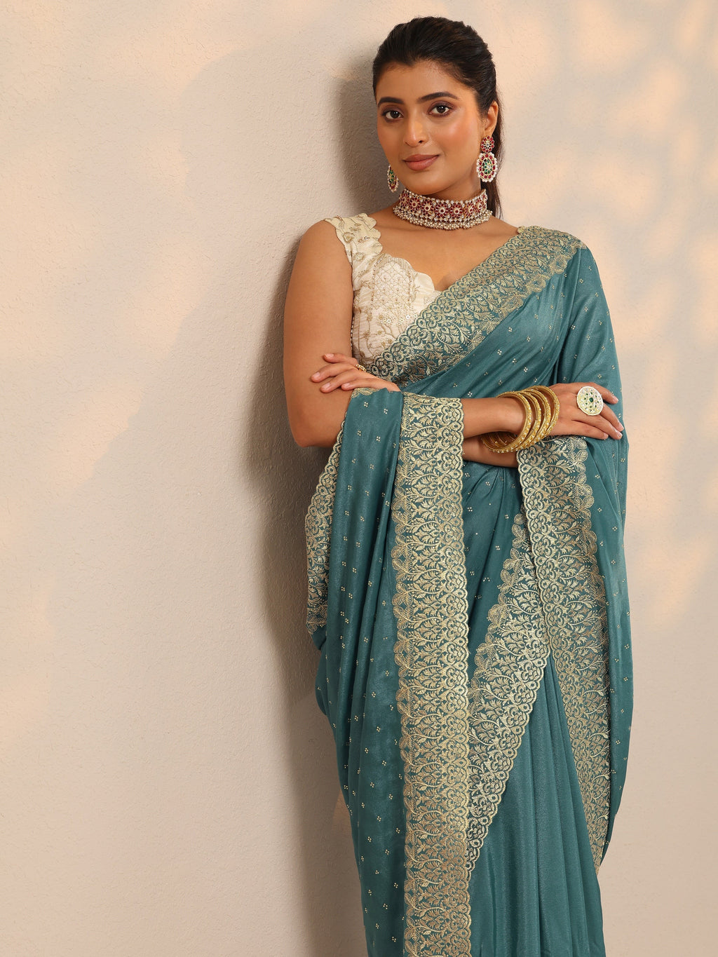 Blue Embellished Crepe Sarees With Unstitched Blouse Piece