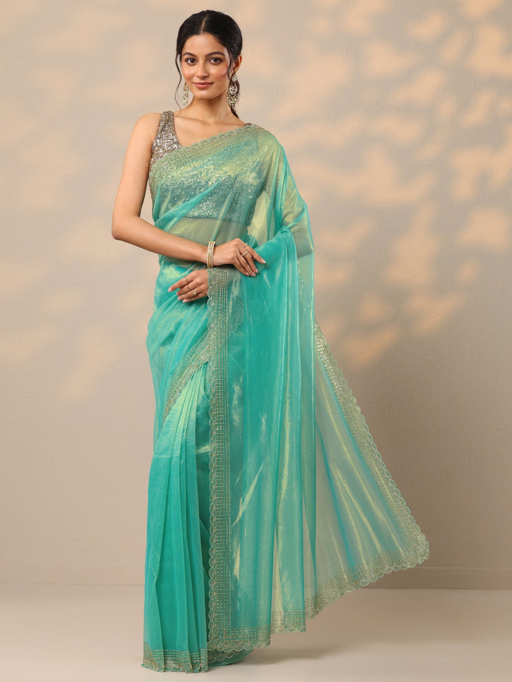 Blue Embellished Nylon Sarees With Unstitched Blouse Piece