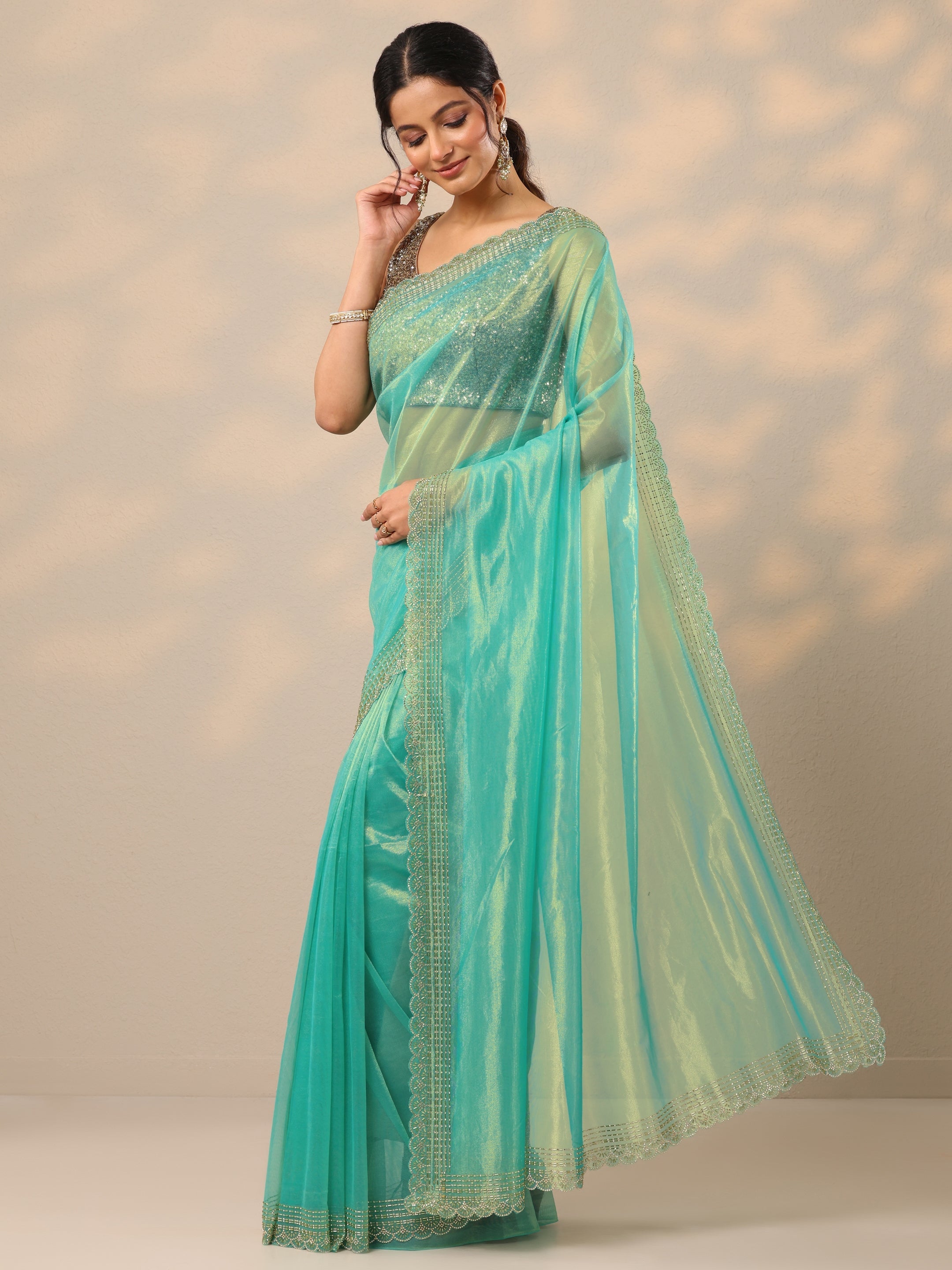 Blue Embellished Nylon Sarees With Unstitched Blouse Piece