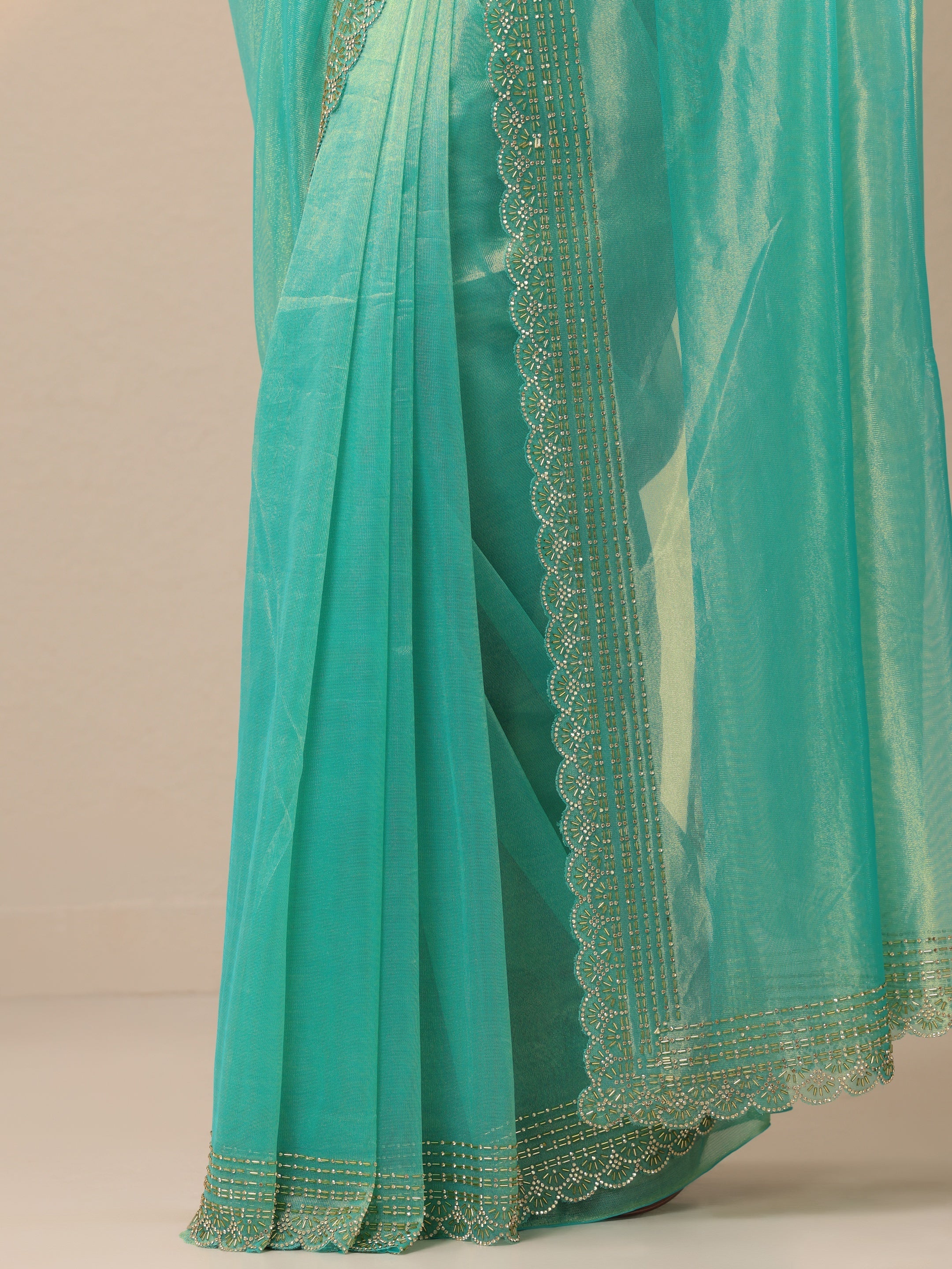Blue Embellished Nylon Sarees With Unstitched Blouse Piece