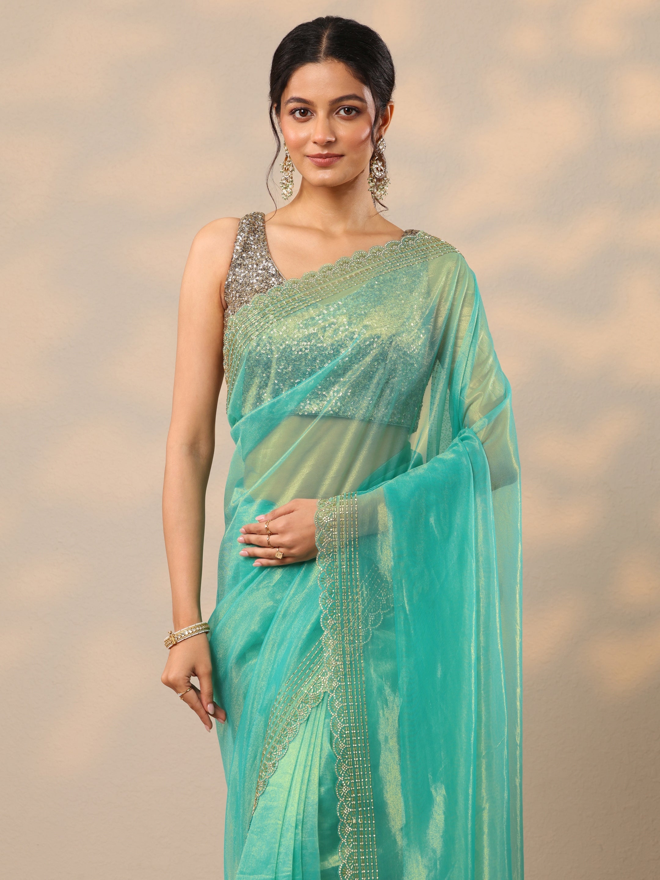 Blue Embellished Nylon Sarees With Unstitched Blouse Piece