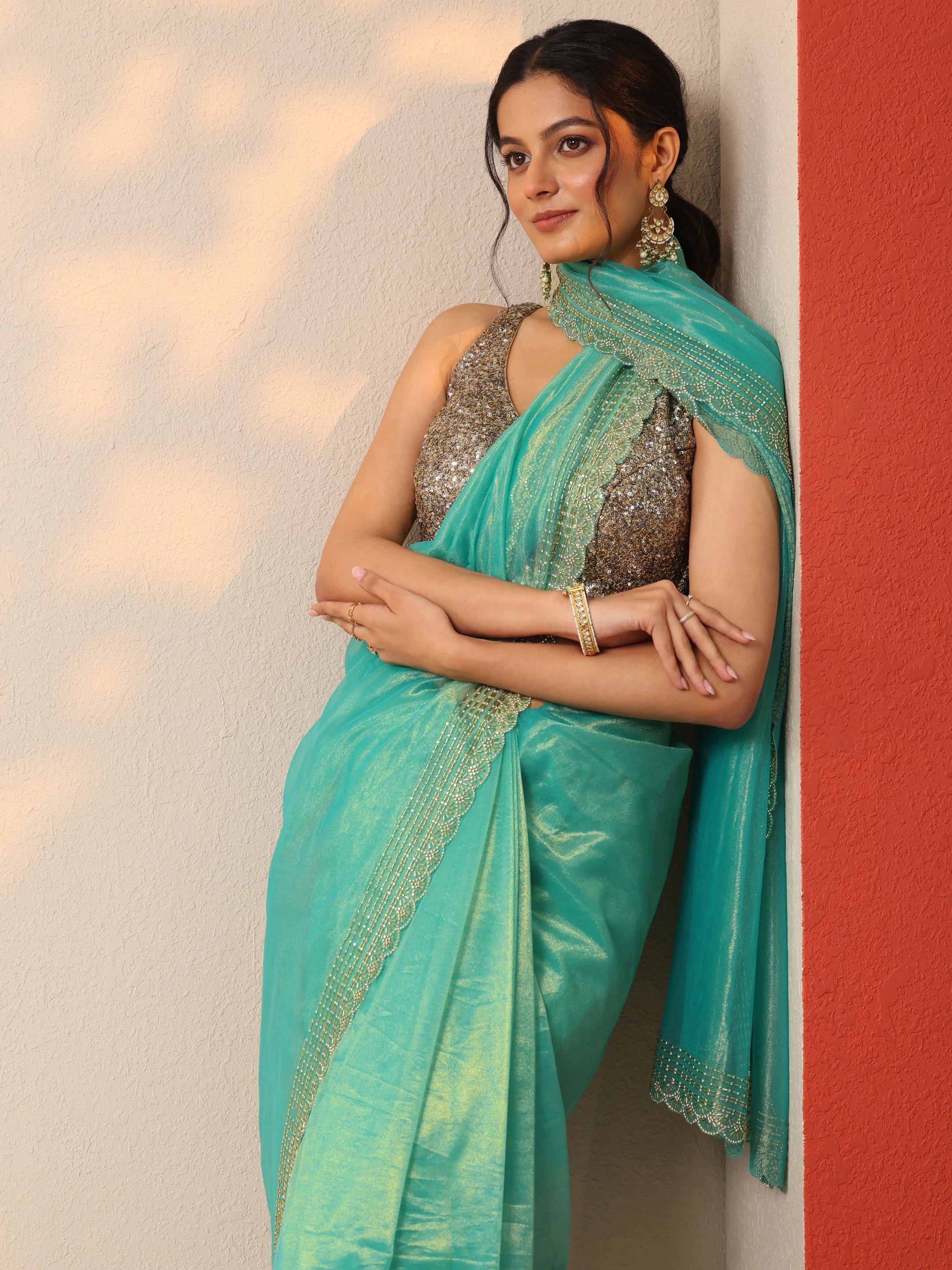 Blue Embellished Nylon Sarees With Unstitched Blouse Piece