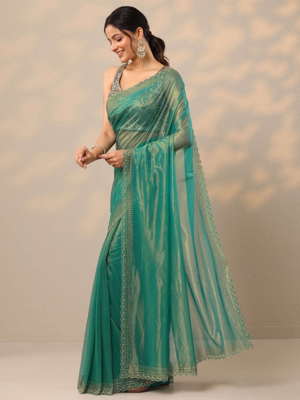 Green Embellished Nylon Sarees With Unstitched Blouse Piece