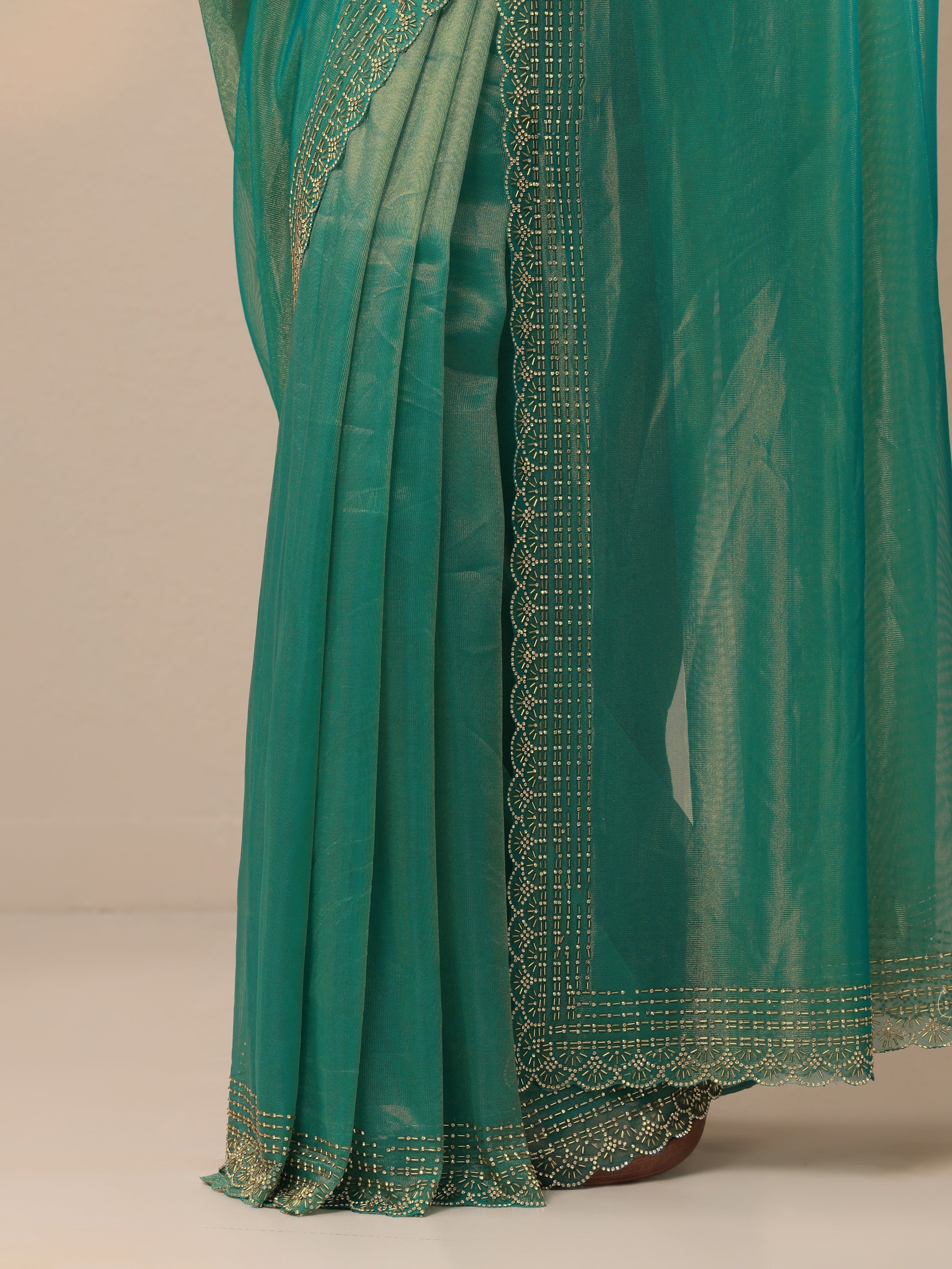 Green Embellished Nylon Sarees With Unstitched Blouse Piece