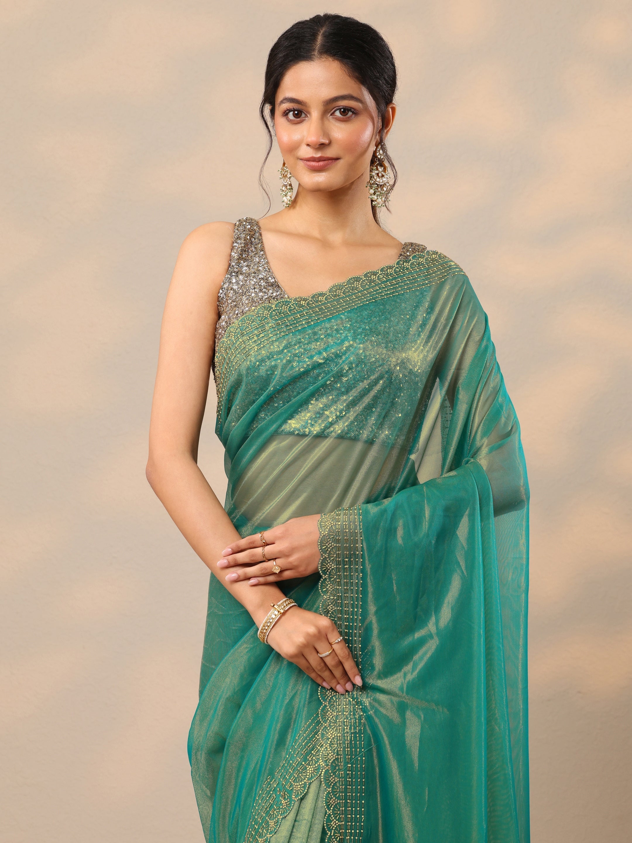 Green Embellished Nylon Sarees With Unstitched Blouse Piece