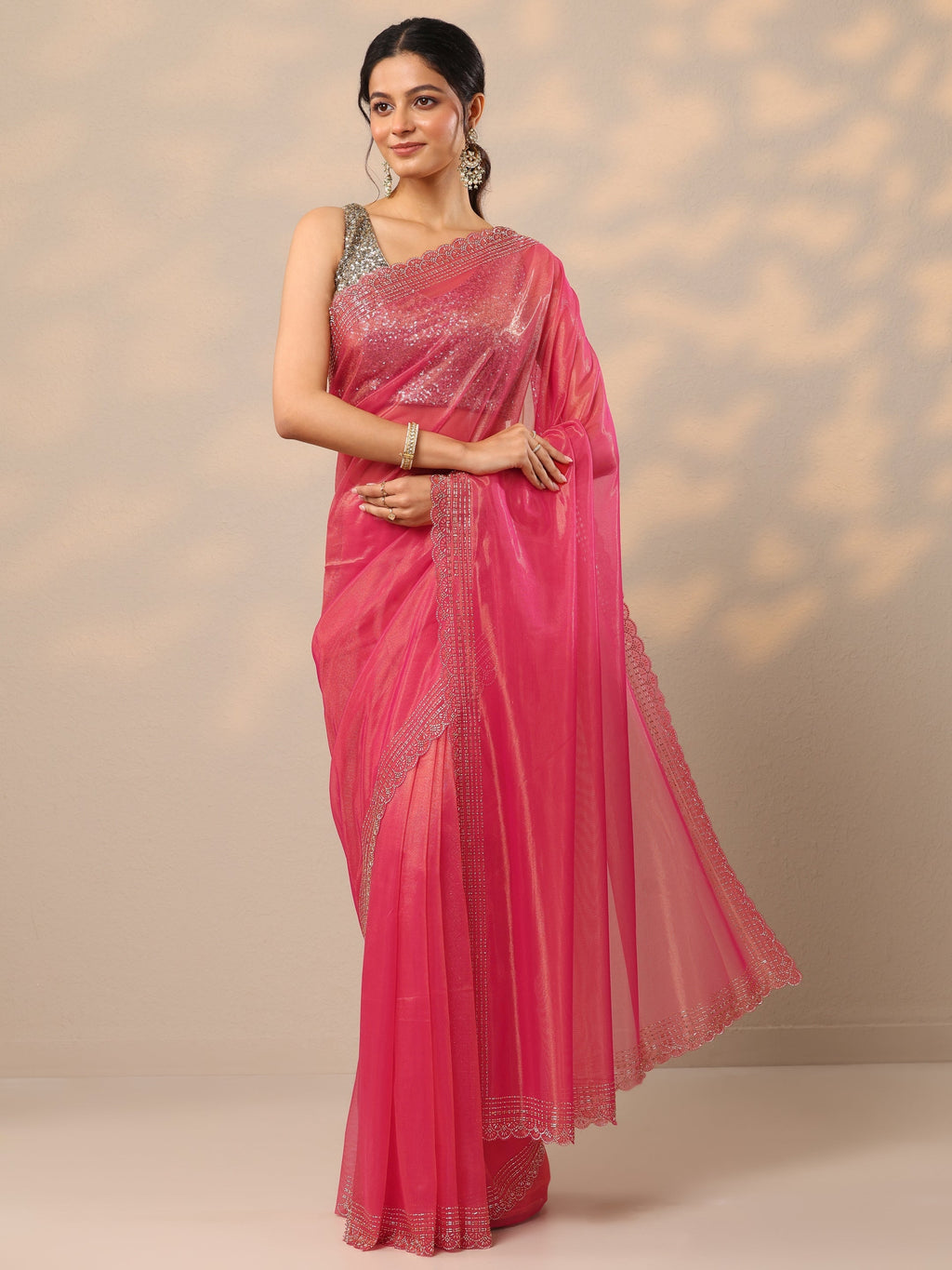 Pink Embellished Nylon Sarees With Unstitched Blouse Piece