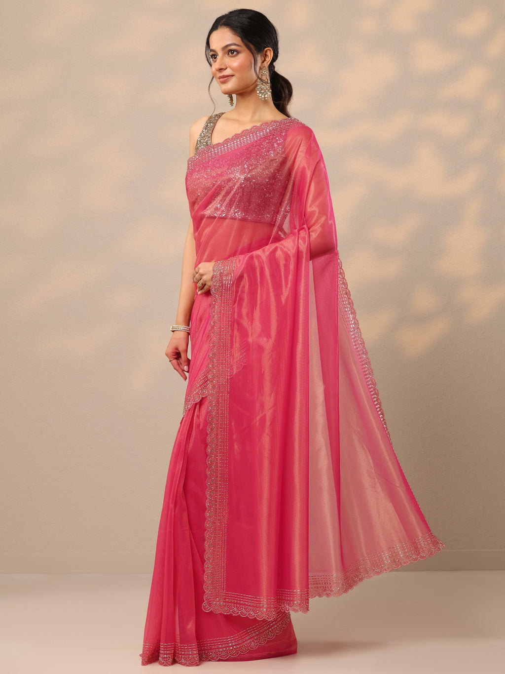 Pink Embellished Nylon Sarees With Unstitched Blouse Piece