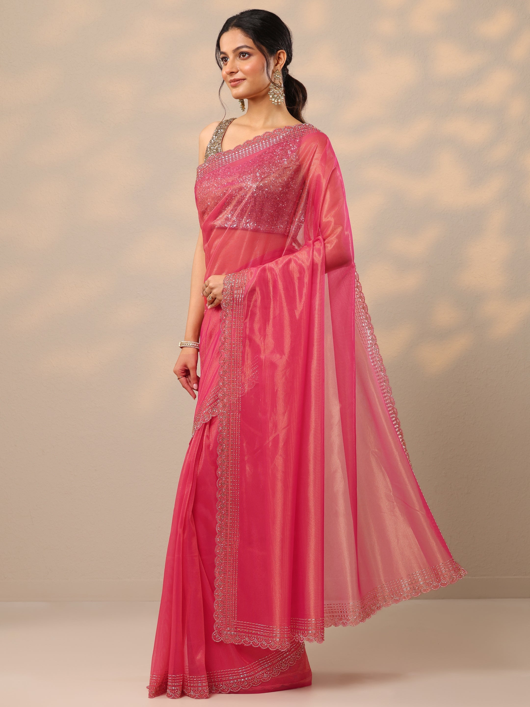 Pink Embellished Nylon Sarees With Unstitched Blouse Piece
