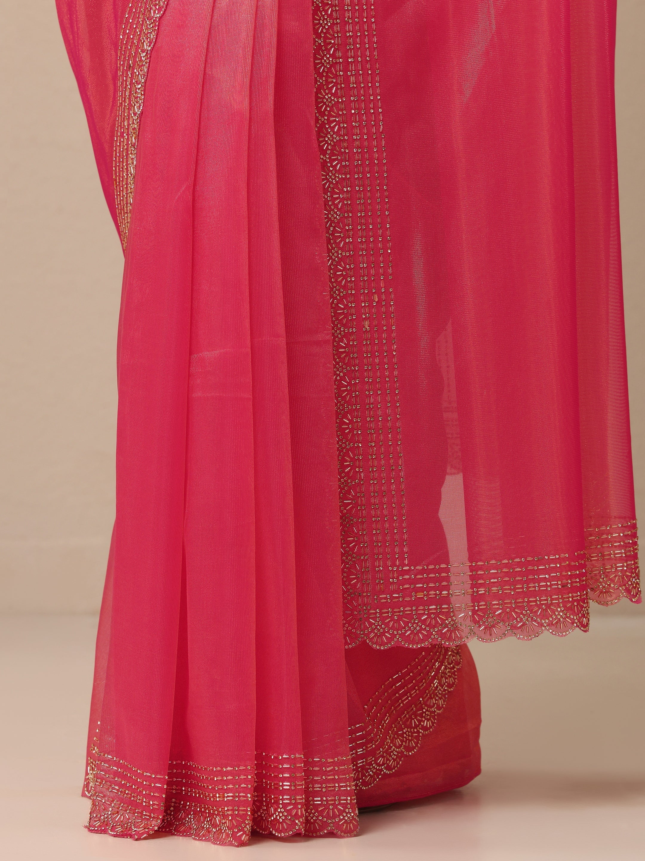 Pink Embellished Nylon Sarees With Unstitched Blouse Piece
