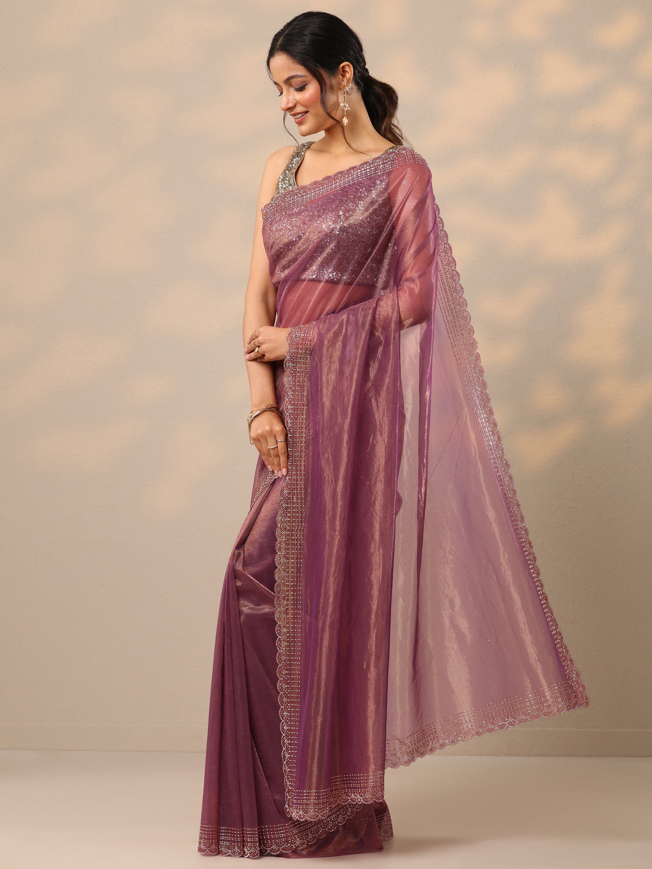 Mauve Embellished Nylon Sarees With Unstitched Blouse Piece