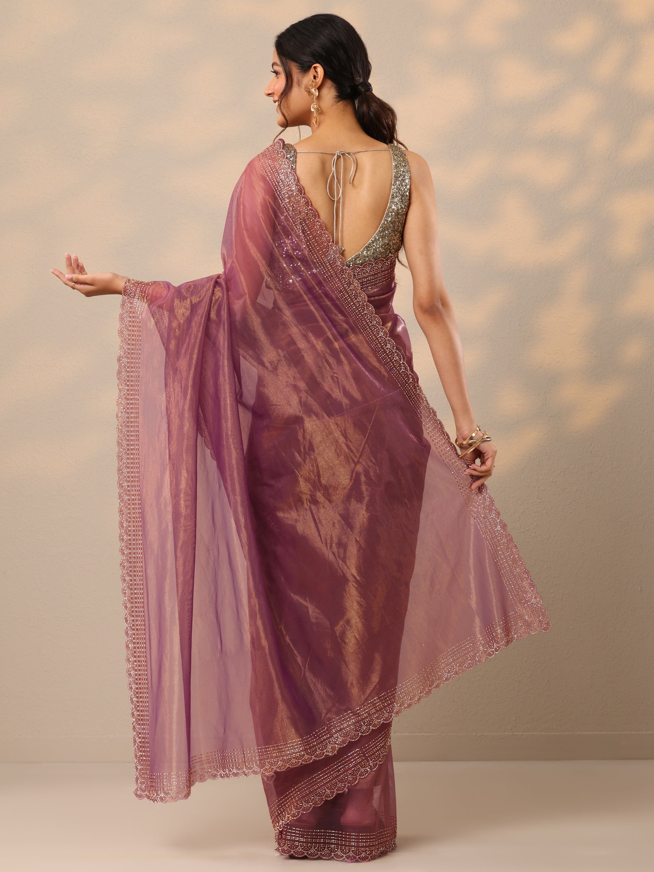 Mauve Embellished Nylon Sarees With Unstitched Blouse Piece