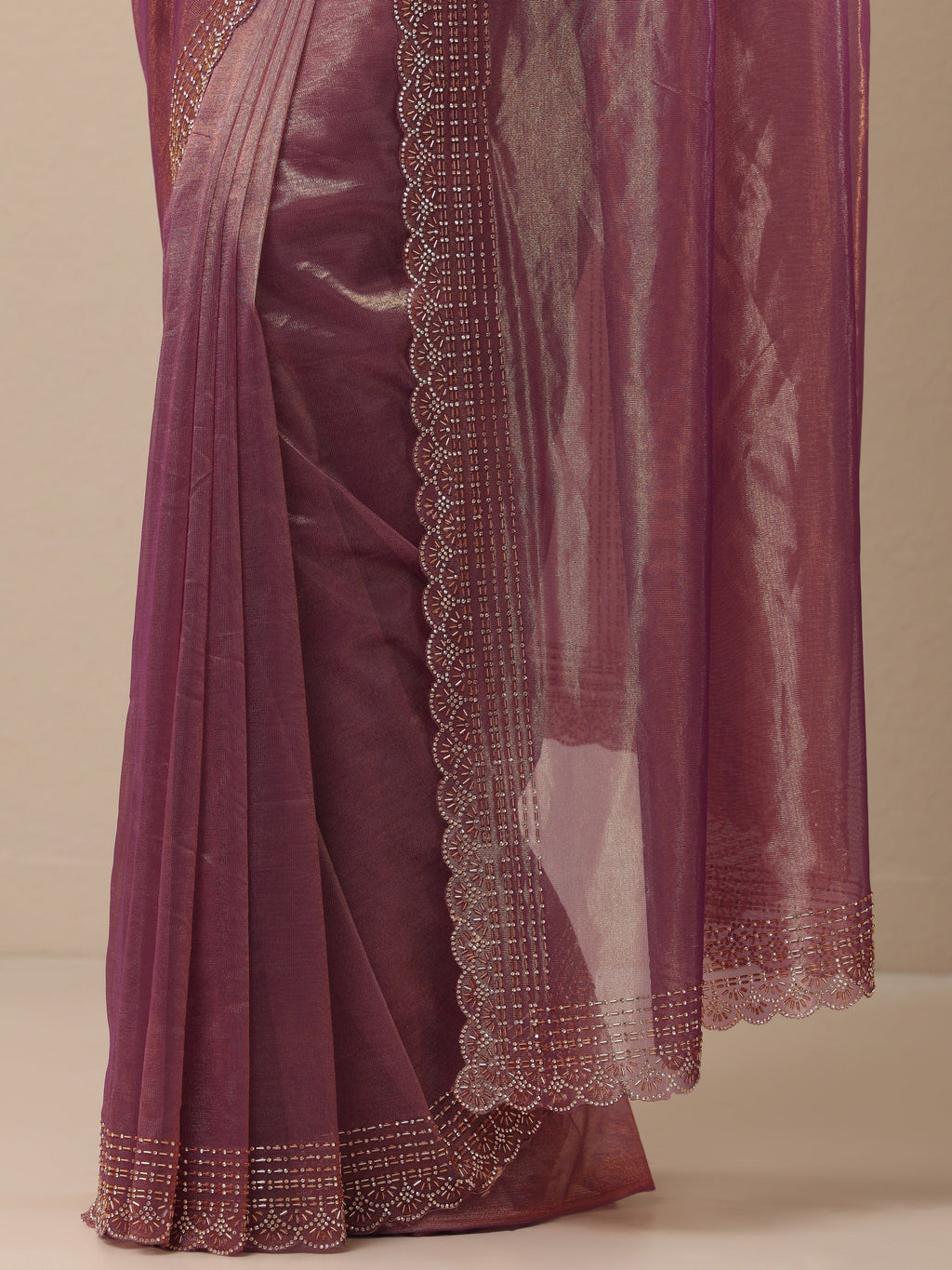 Mauve Embellished Nylon Sarees With Unstitched Blouse Piece