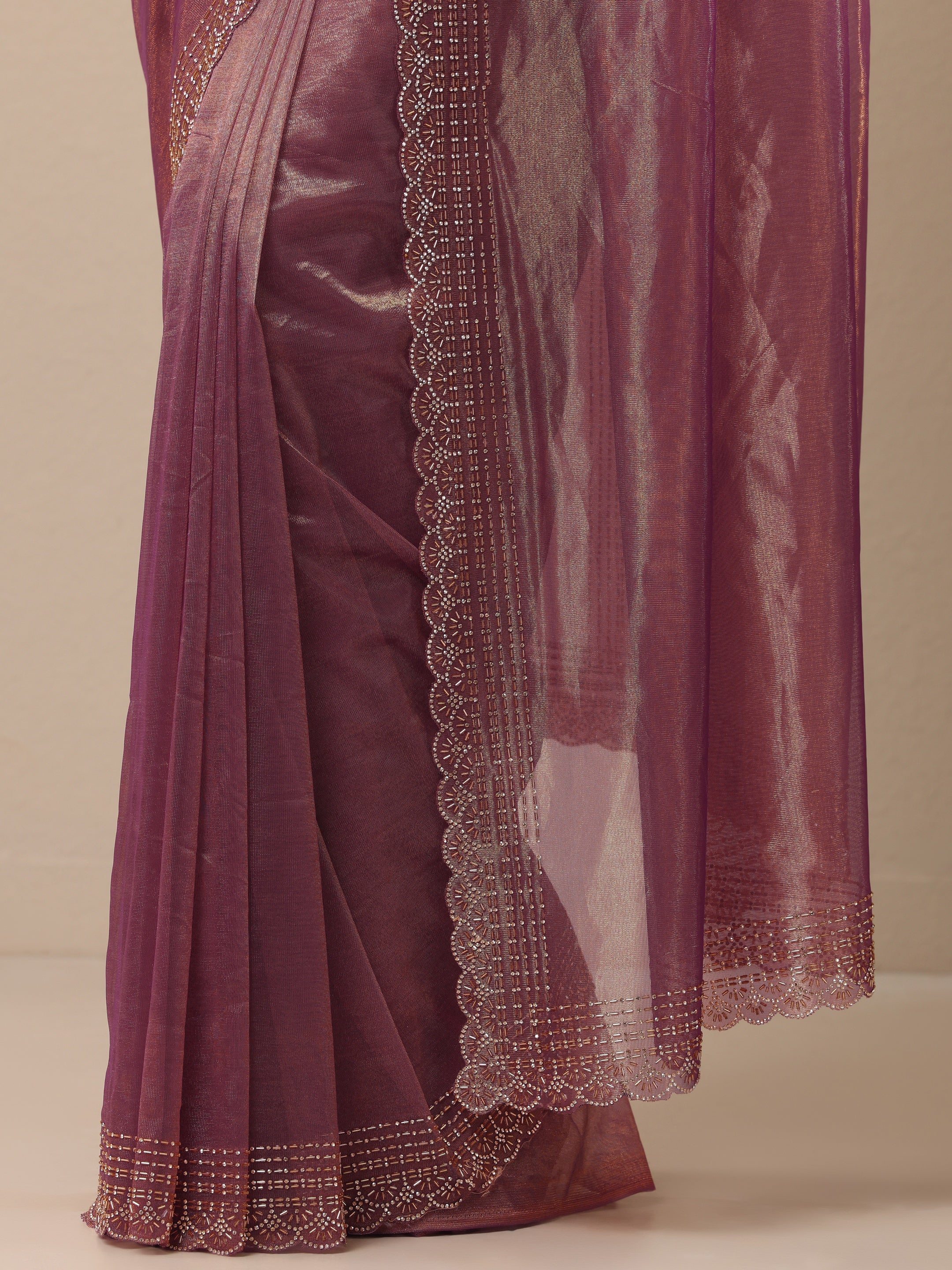 Mauve Embellished Nylon Sarees With Unstitched Blouse Piece