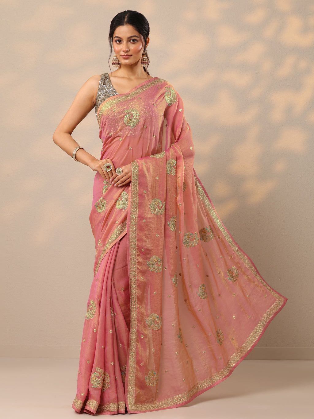 Peach Embroidered Organza Sarees With Unstitched Blouse Piece