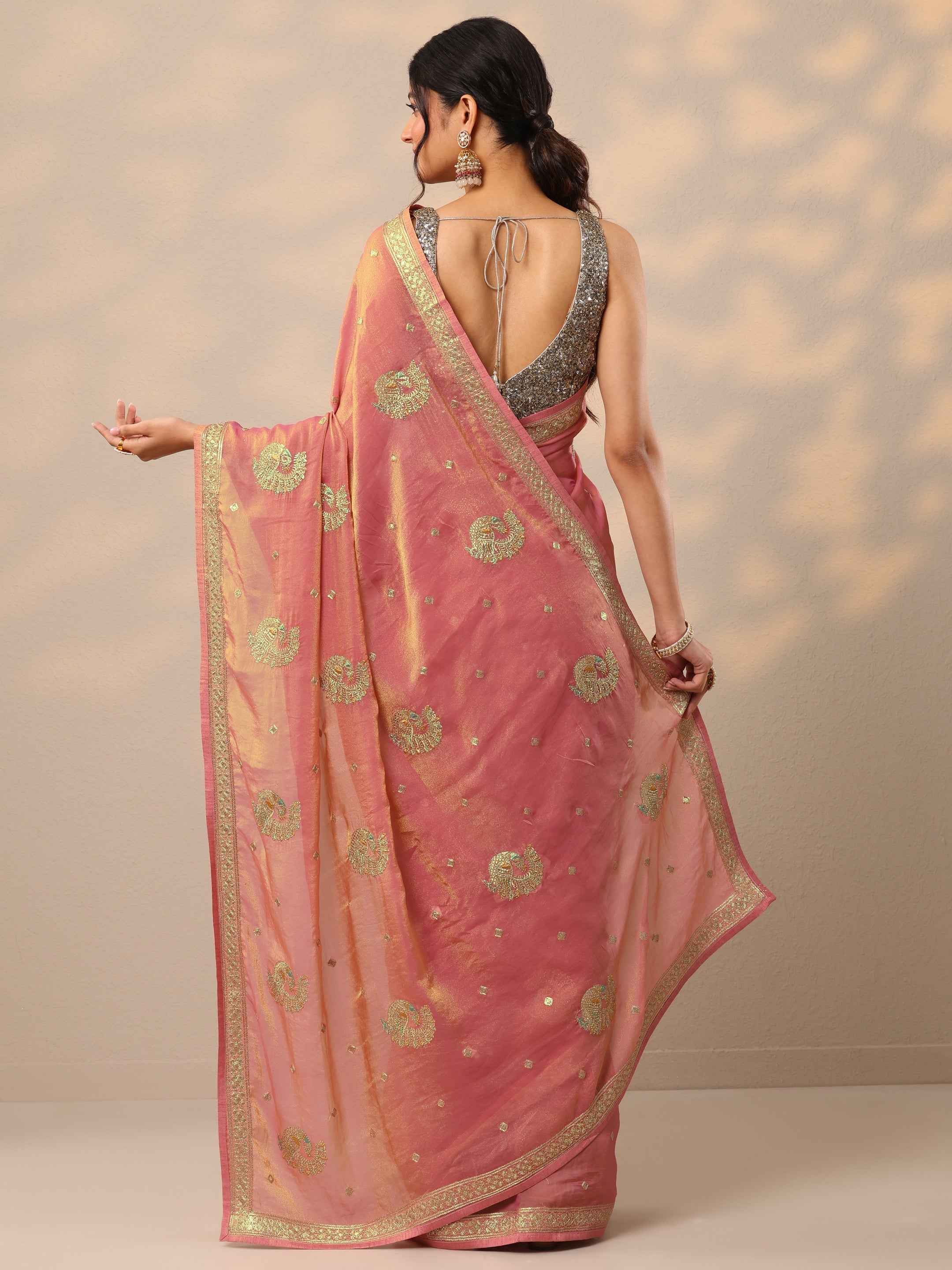 Peach Embroidered Organza Sarees With Unstitched Blouse Piece