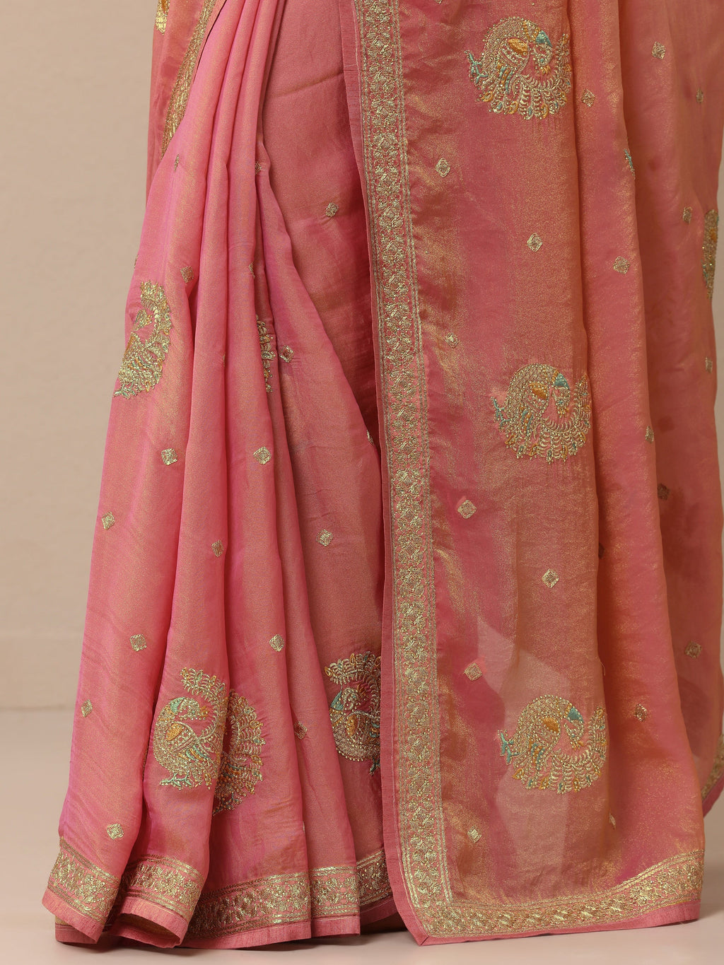 Peach Embroidered Organza Sarees With Unstitched Blouse Piece