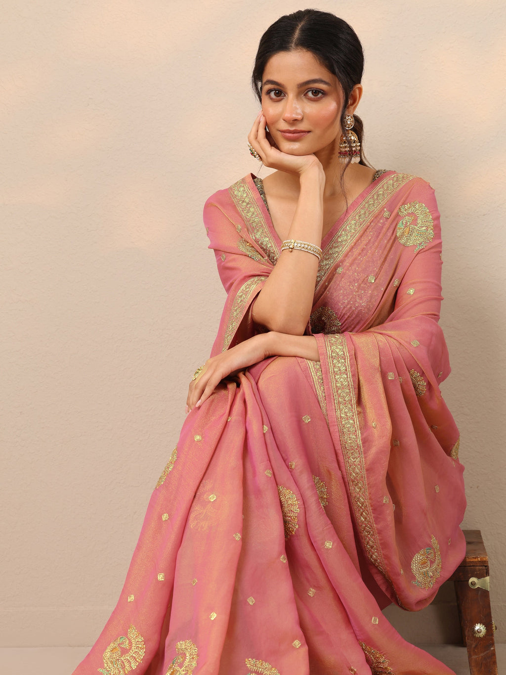 Peach Embroidered Organza Sarees With Unstitched Blouse Piece