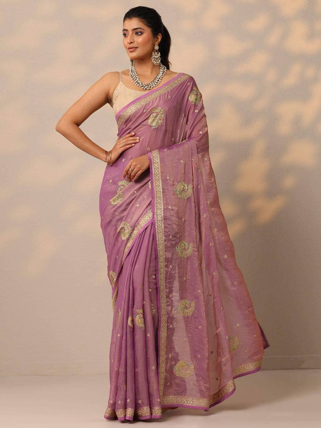 Mauve Embroidered Organza Sarees With Unstitched Blouse Piece