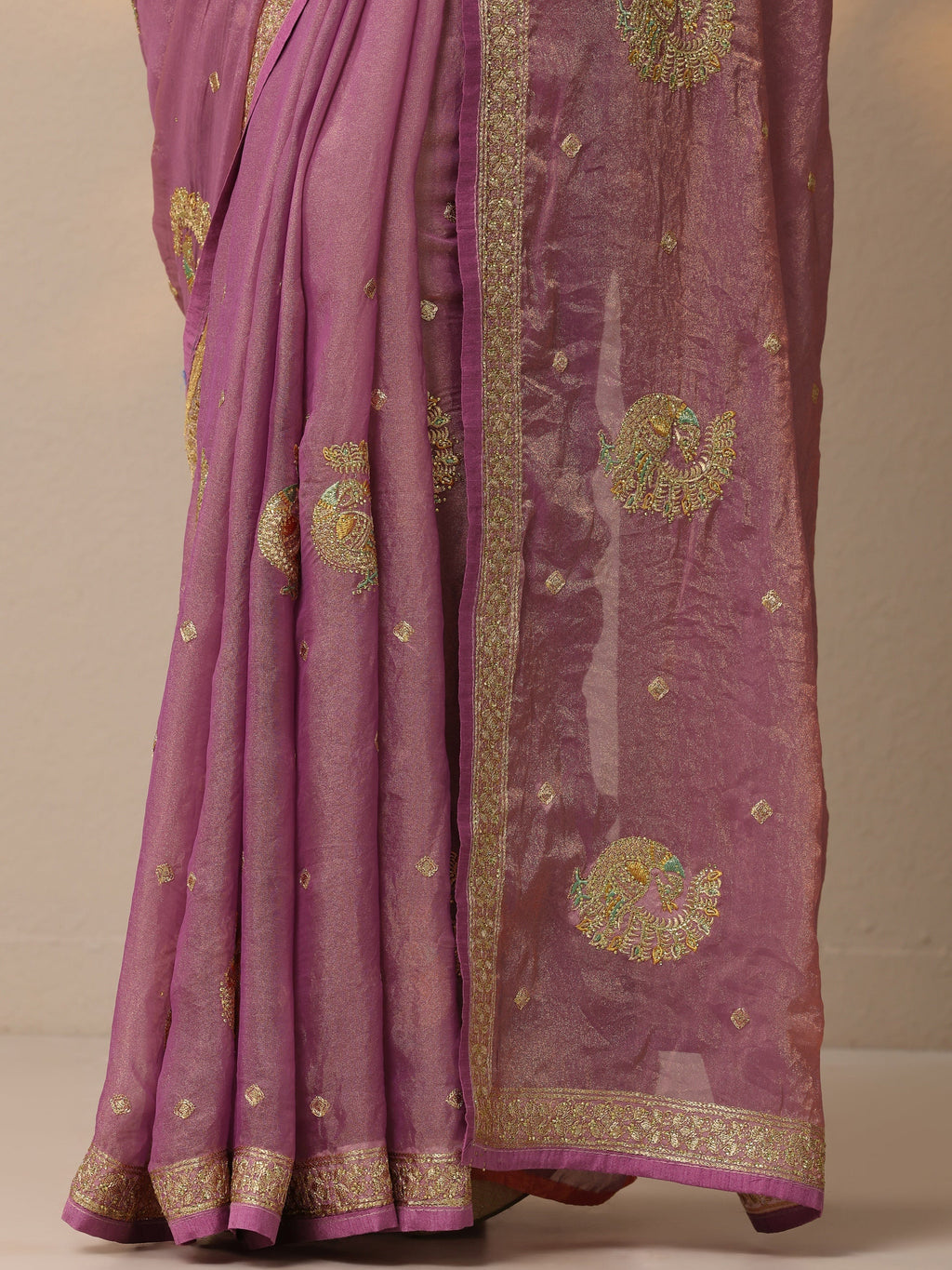 Mauve Embroidered Organza Sarees With Unstitched Blouse Piece