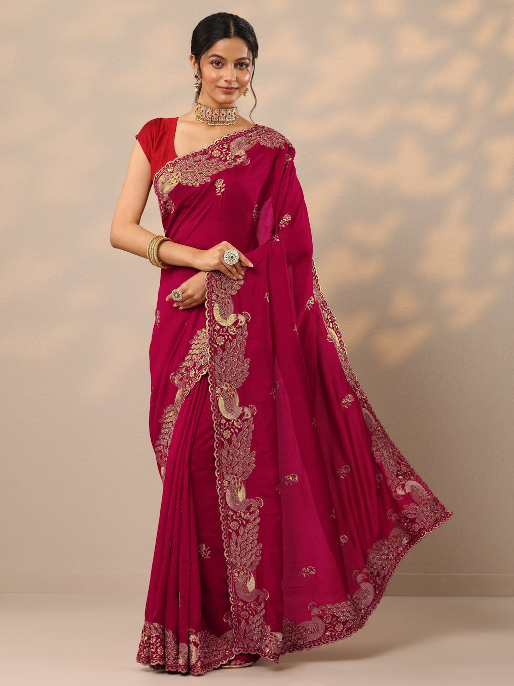 Pink Embroidered Silk Blend Sarees With Unstitched Blouse Piece