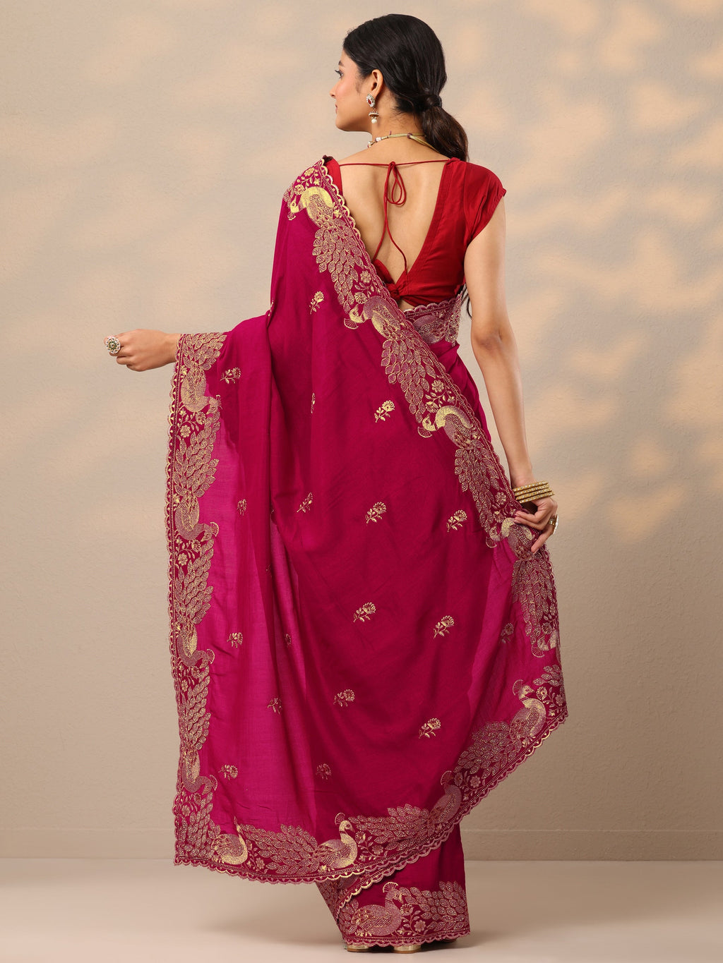 Pink Embroidered Silk Blend Sarees With Unstitched Blouse Piece