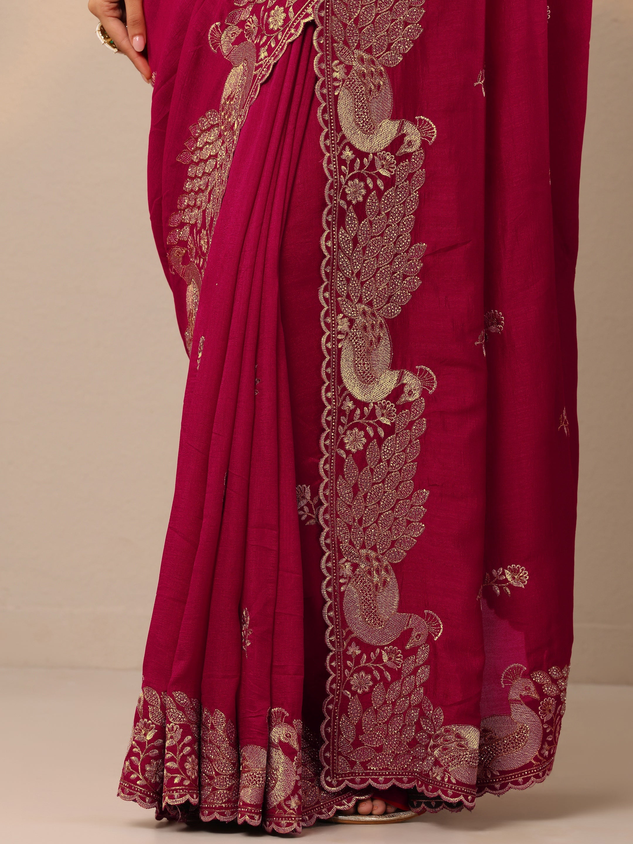 Pink Embroidered Silk Blend Sarees With Unstitched Blouse Piece