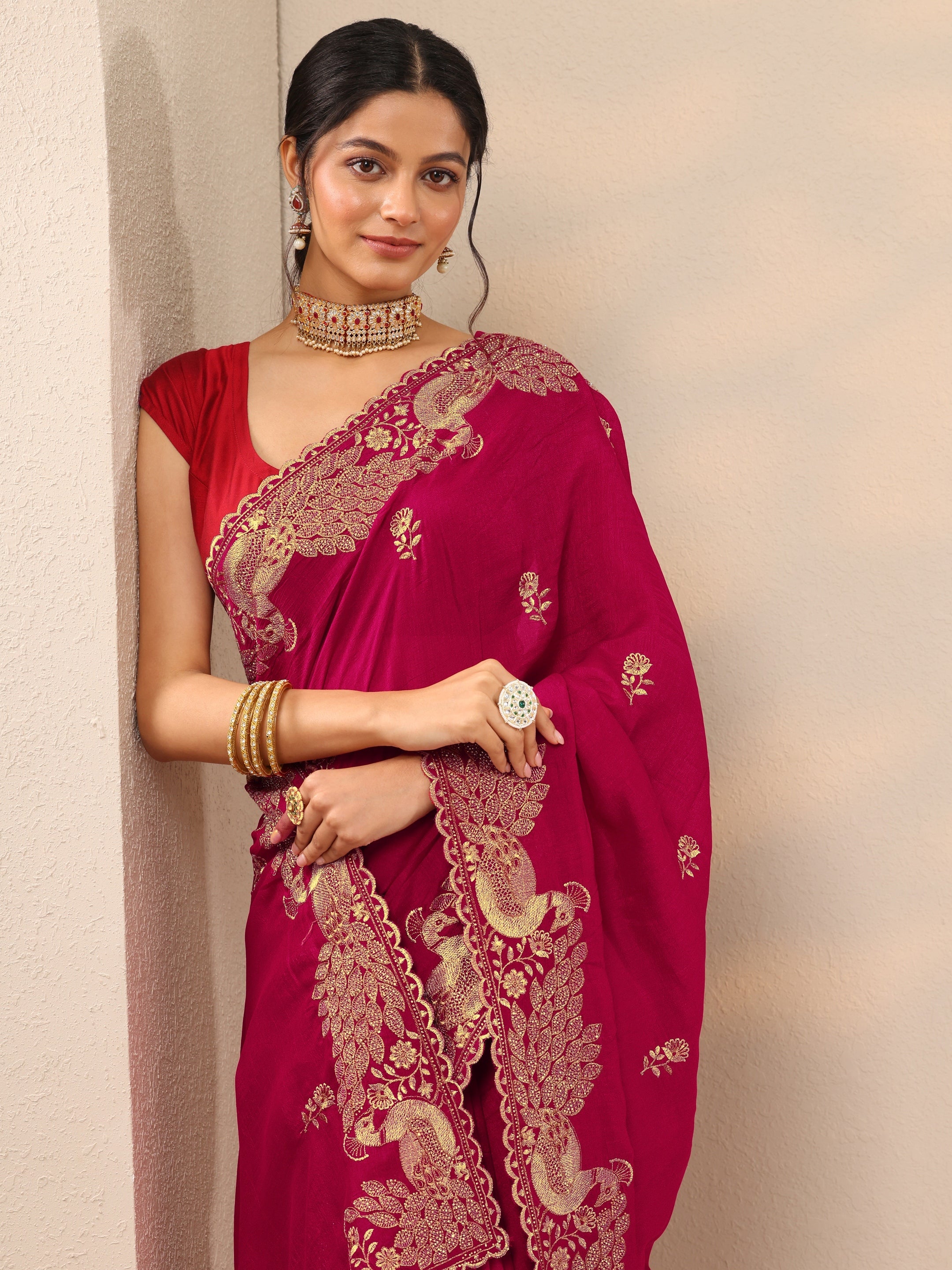 Pink Embroidered Silk Blend Sarees With Unstitched Blouse Piece