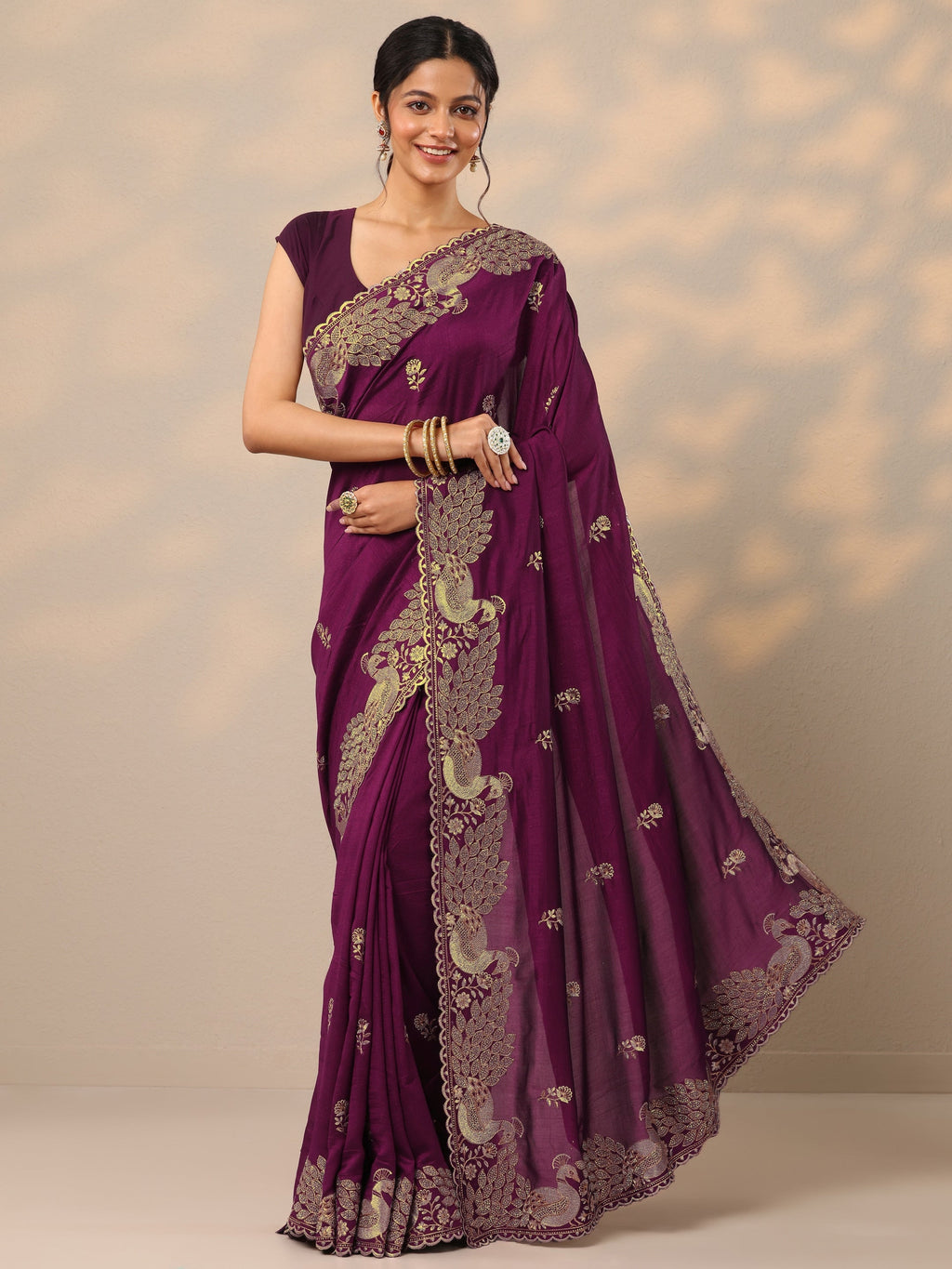 Burgundy Embroidered Silk Blend Sarees With Unstitched Blouse Piece