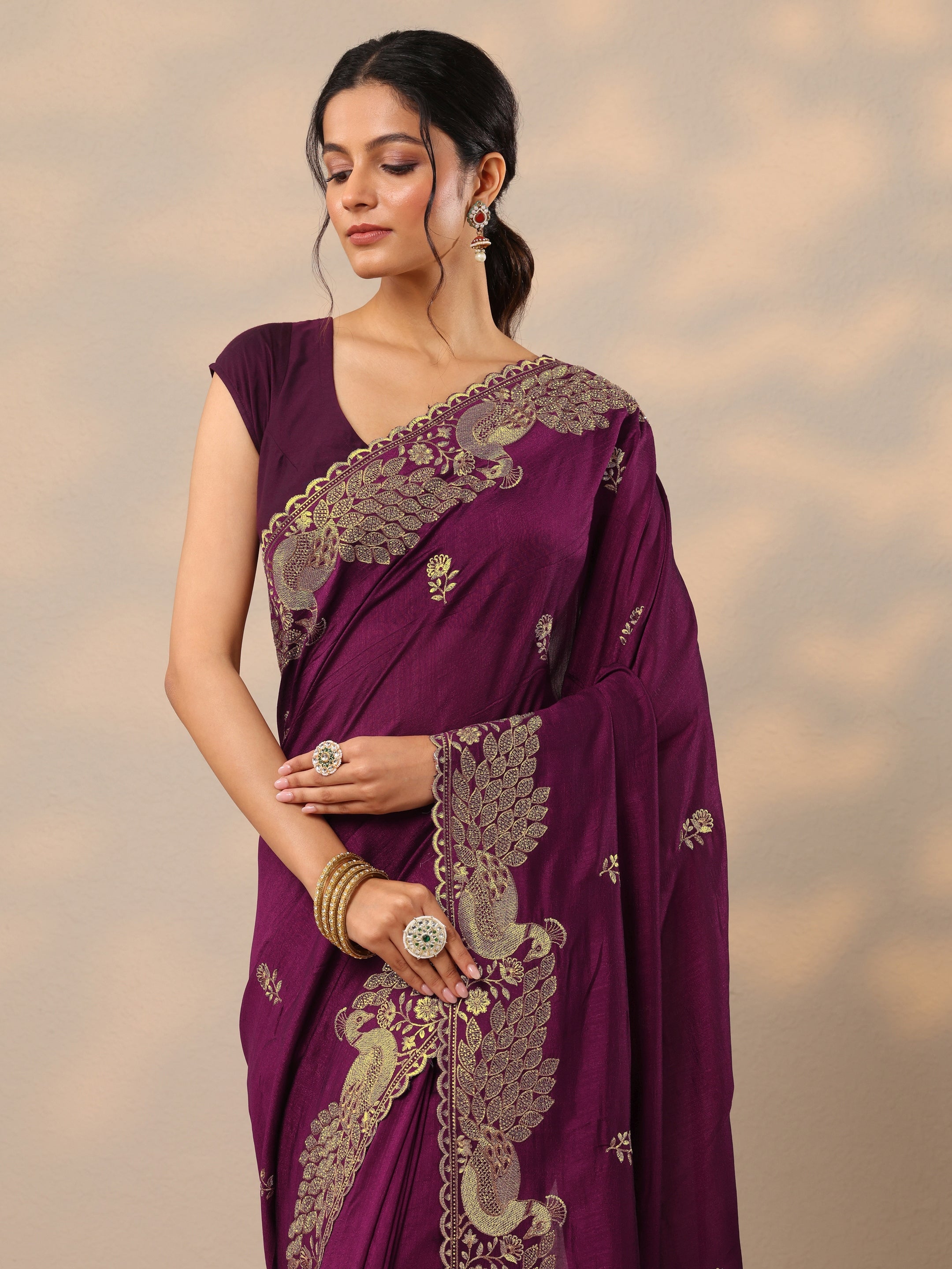 Burgundy Embroidered Silk Blend Sarees With Unstitched Blouse Piece