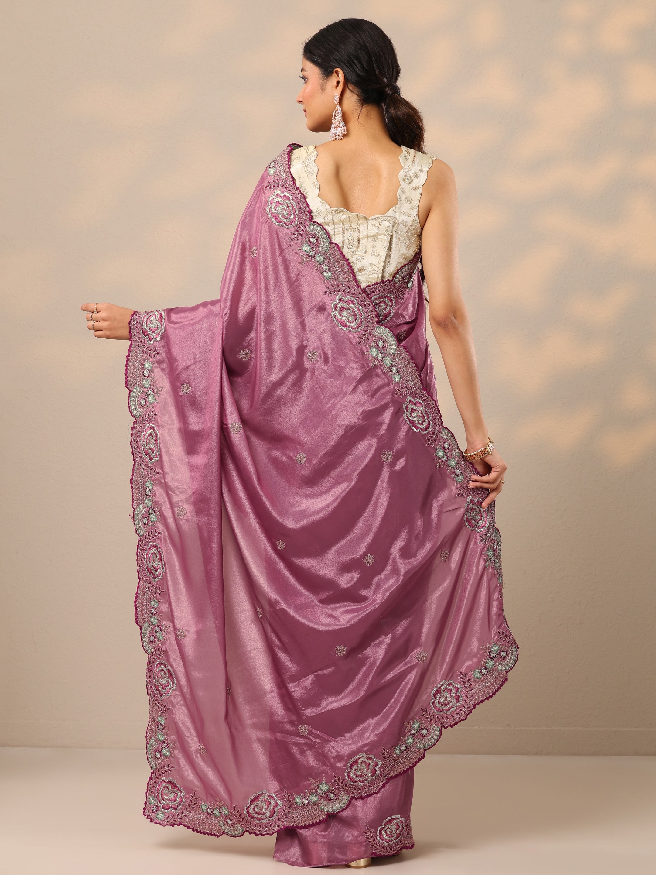 Mauve Embroidered Silk Blend Sarees With Unstitched Blouse Piece