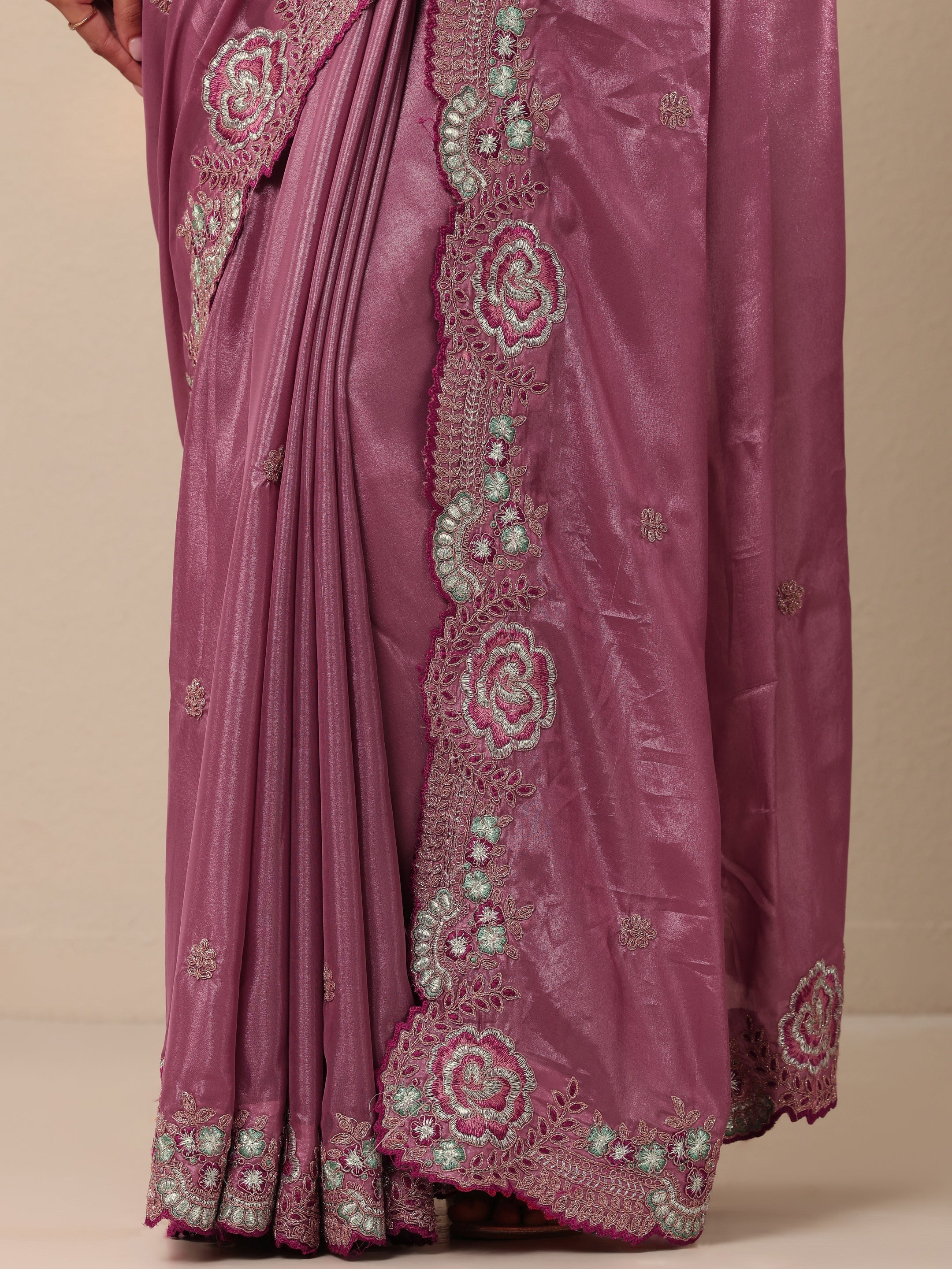 Mauve Embroidered Silk Blend Sarees With Unstitched Blouse Piece