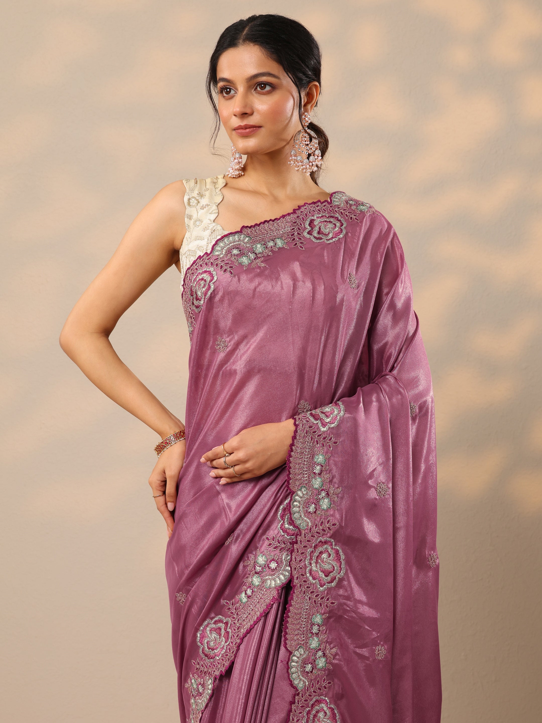Mauve Embroidered Silk Blend Sarees With Unstitched Blouse Piece