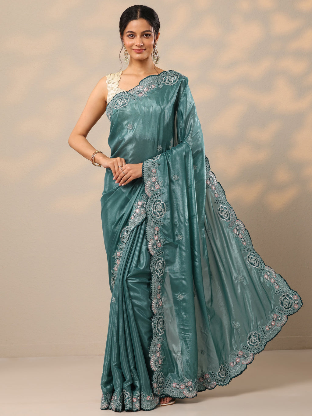 Blue Embroidered Silk Blend Sarees With Unstitched Blouse Piece