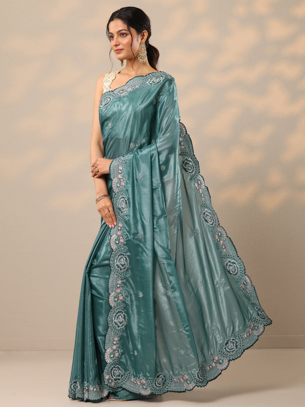 Blue Embroidered Silk Blend Sarees With Unstitched Blouse Piece