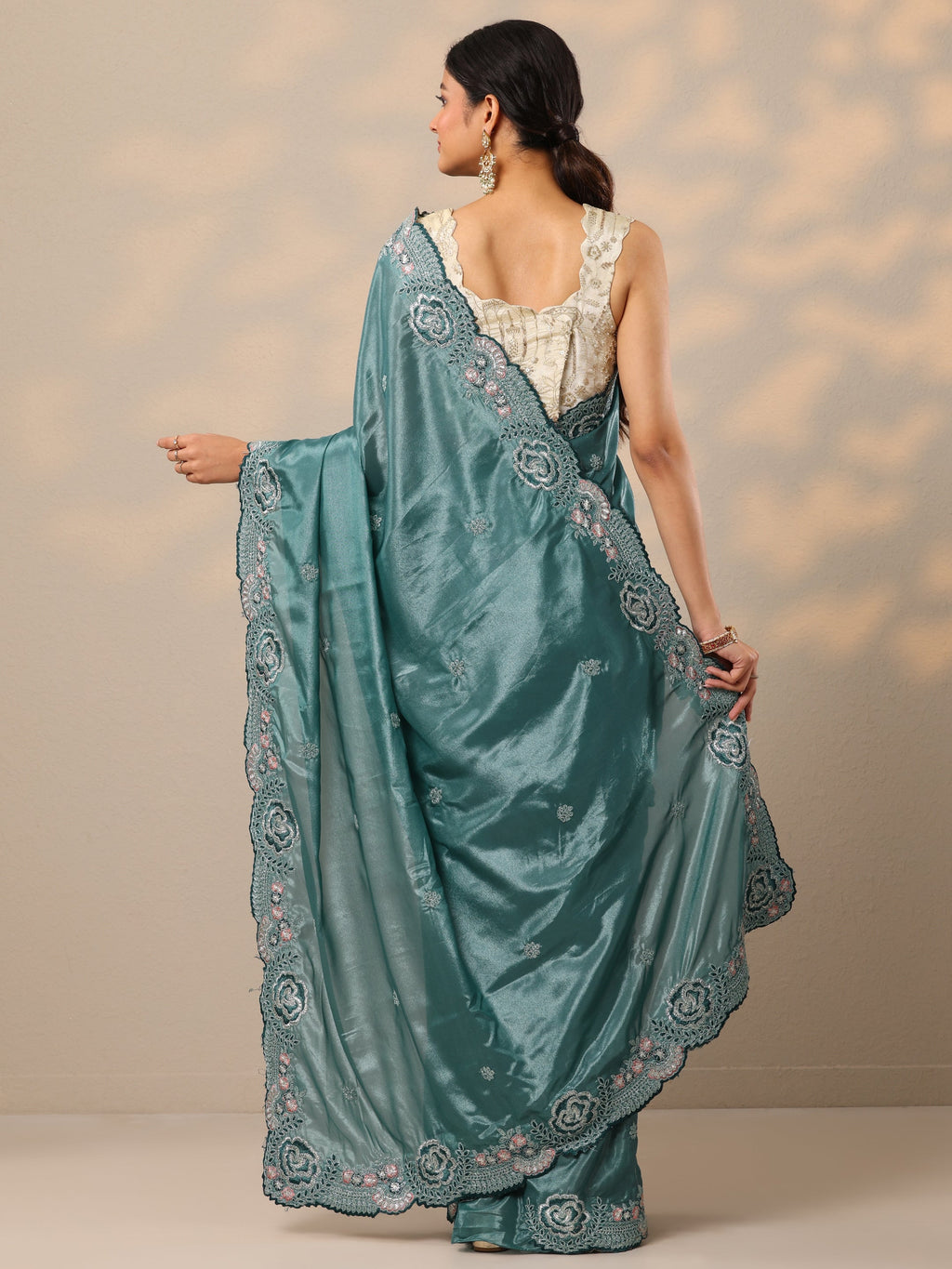 Blue Embroidered Silk Blend Sarees With Unstitched Blouse Piece